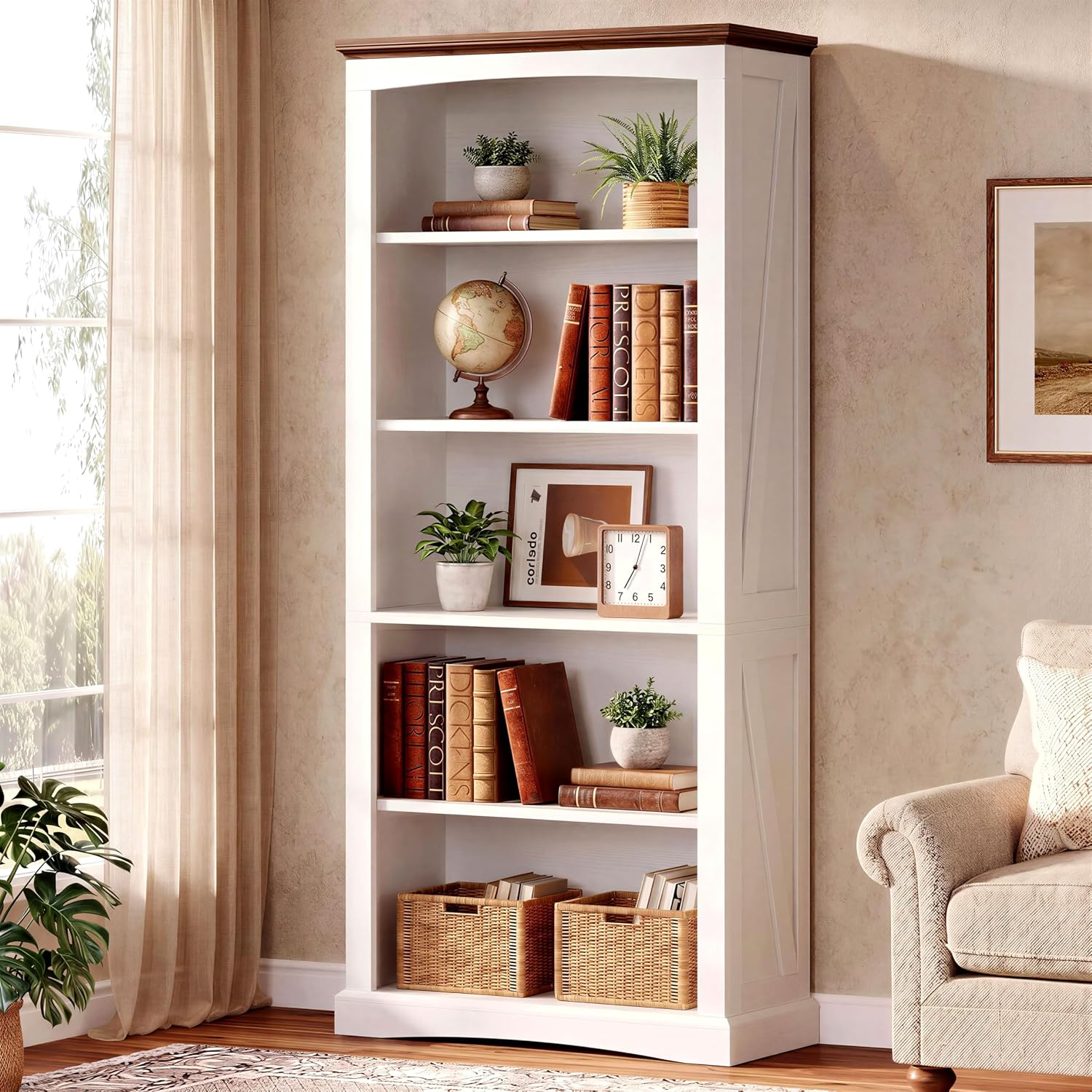 IRONCK 5 Tier Farmhouse Bookshelf 70.9" White Bookcase with Brown Wood Top | brown top & brace side panels, anti-tip stable design, bookcase, bedroom