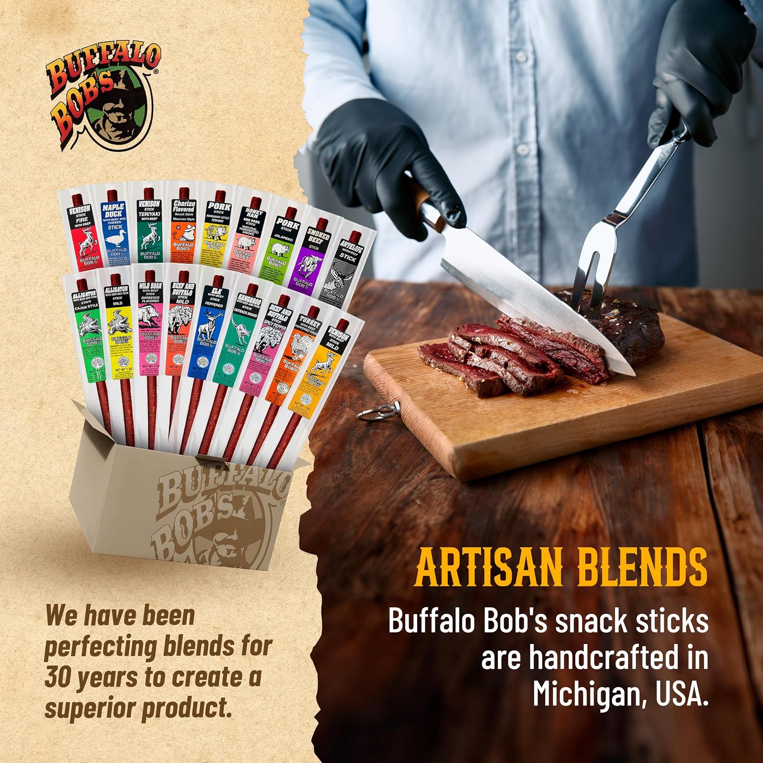 Buffalo Bob's Wild Game Meat Snacks (1oz Stick, 10 Pack) Exotic Variety Assortment Sampler, Gift for Men/Dad, Stocking Stuffer, Adventure Enthusiast