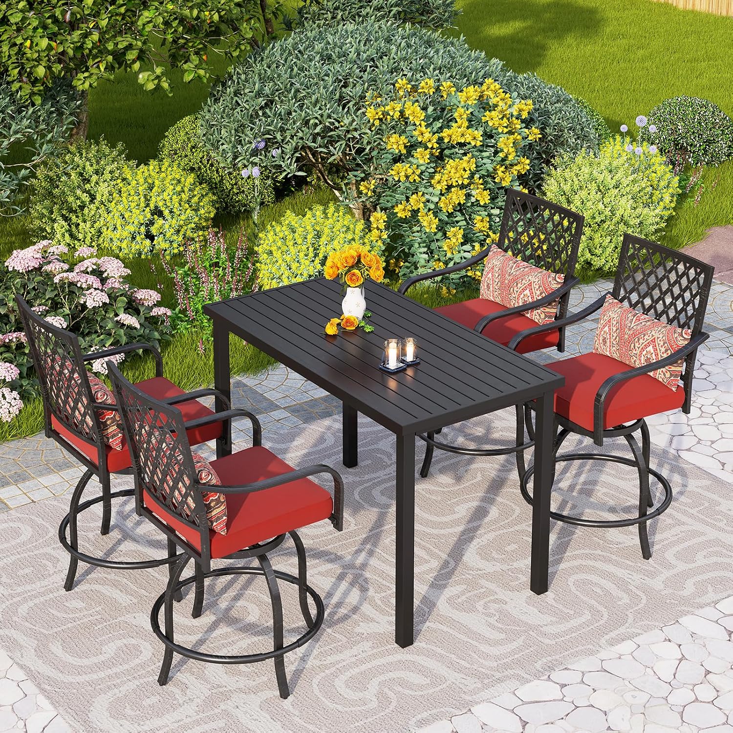 PHI VILLA Outdoor Bar Set 3 PCS Patio Bistro Table & Swivel Stools