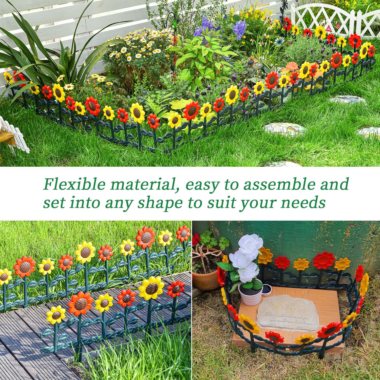Sungmor Plastic Garden Picket Fence Edging, Sunflower Decor Lawn Flower Bed Border Panels, 4 Pack Total 98 Inches Length