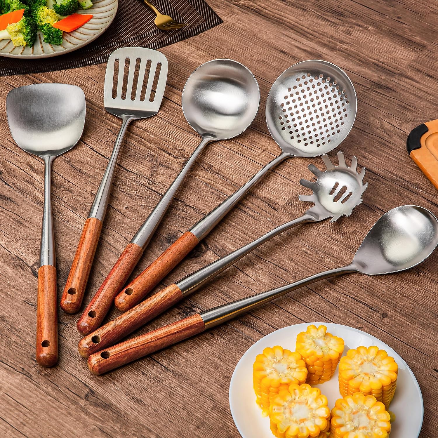 FJNATINH Wok Spatula and Ladle,Skimmer Ladle Tool Set, 17inches Spatula for Wok, 304 Stainless Steel Cooking Utensils