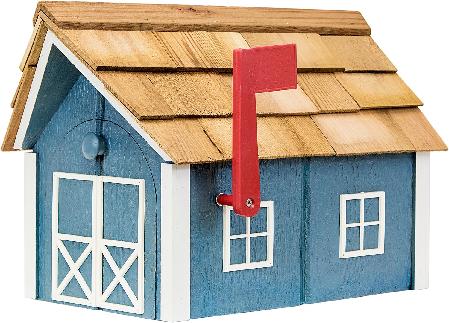 Amish-Made Deluxe Post Mount Wooden Mailbox with Cedar Shingles (Chestnut with White Trim)