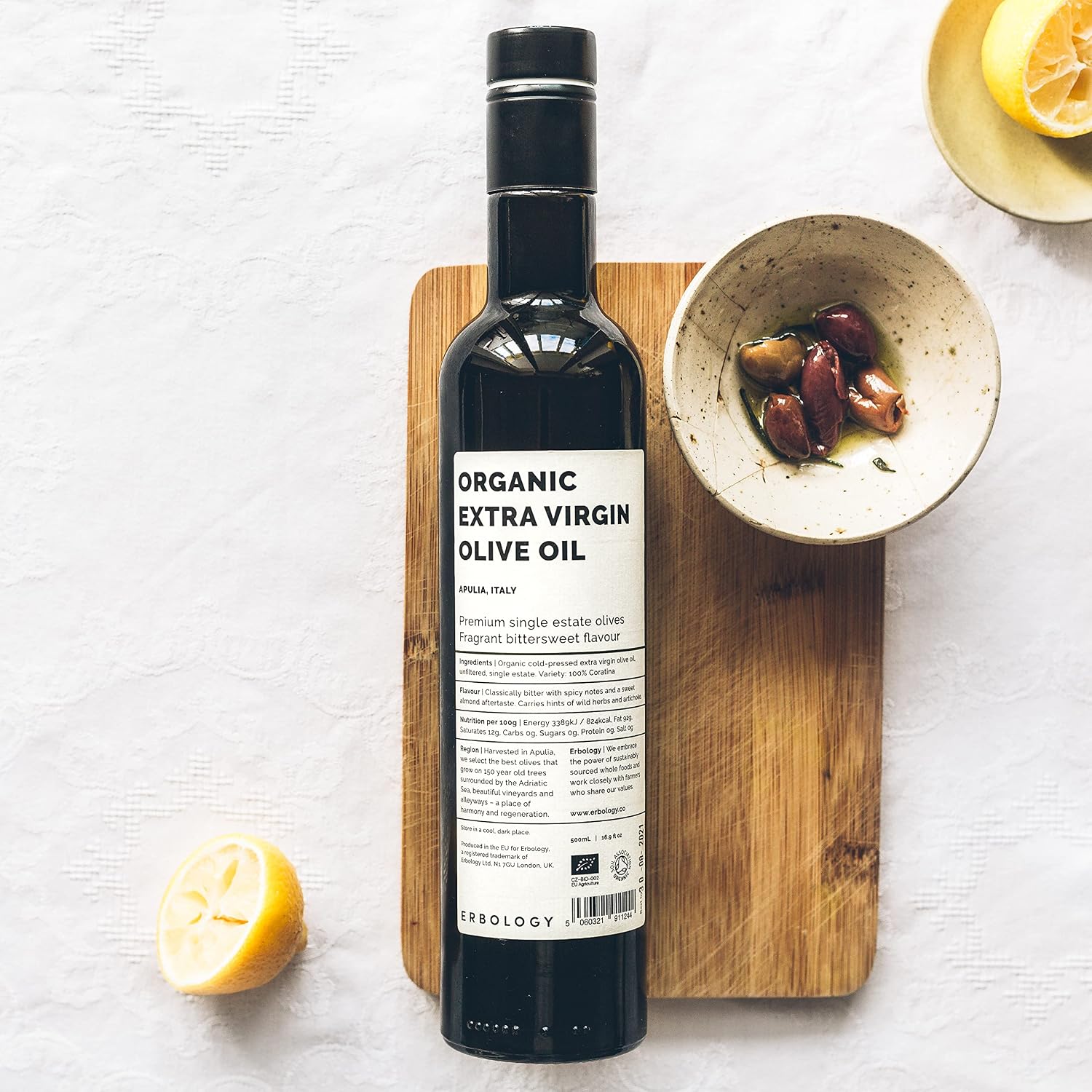 Erbology Organic Extra Virgin Olive Oil 17 fl oz - Early Harvest - 742 mg/kg Polyphenols - 0.15% Free Acidity - 100% Coratina Olives Hand-Picked and