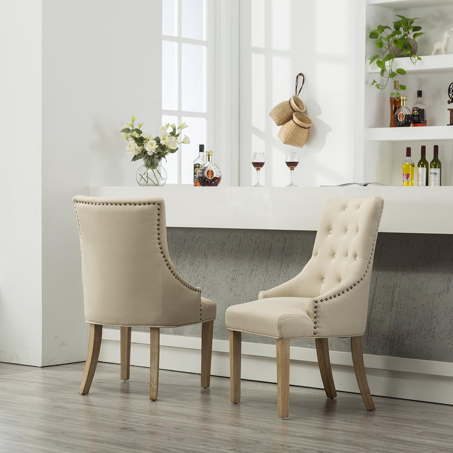 Roundhill Furniture Button Tufted Solid Wood Wingback Hostess Chairs with Nail Heads, Set of 2, Tan, White, "Tan, 24D x 22W x 39H in
