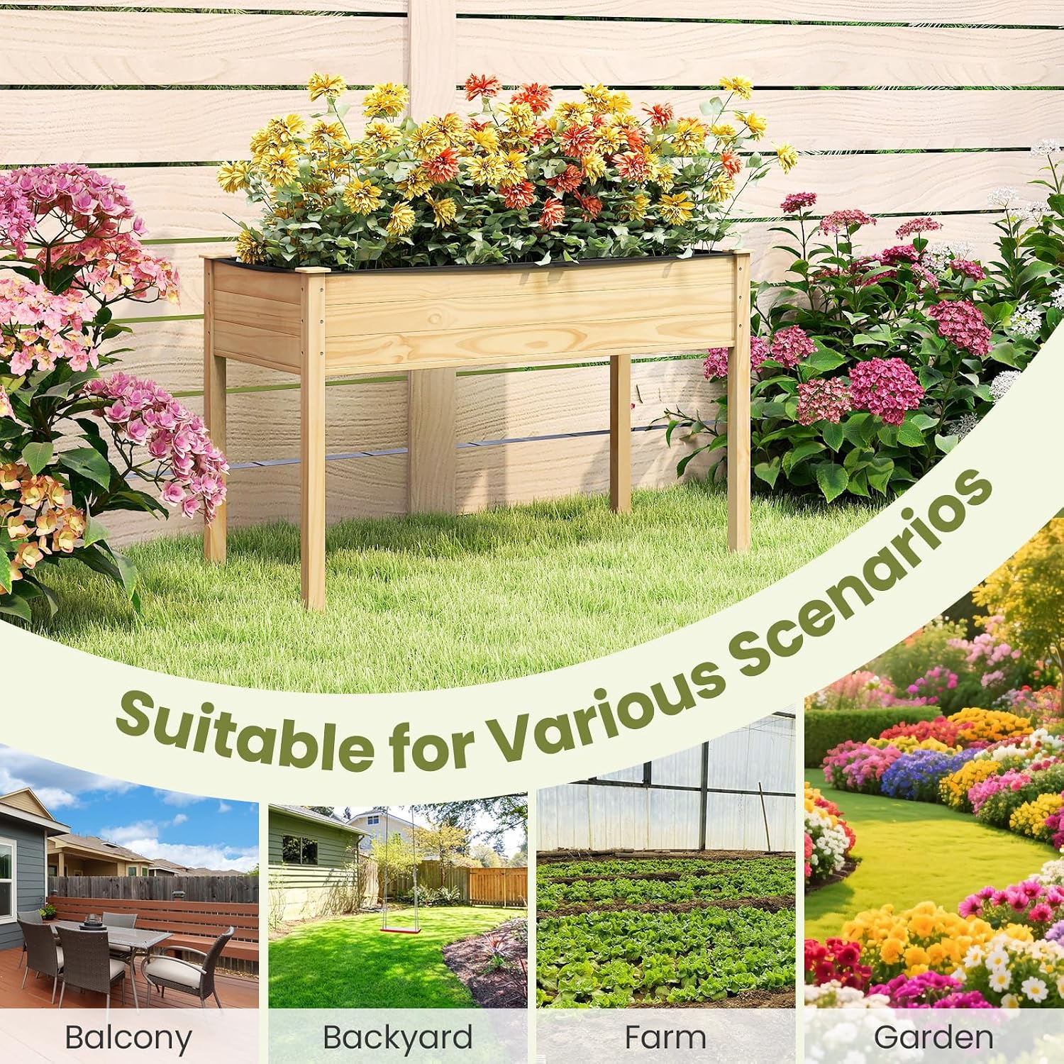 GIANTEX Raised Garden Bed on Wheels, Wood Planter Box with Legs, Liner, Drain Holes, Elevated Garden Bed for Vegetables