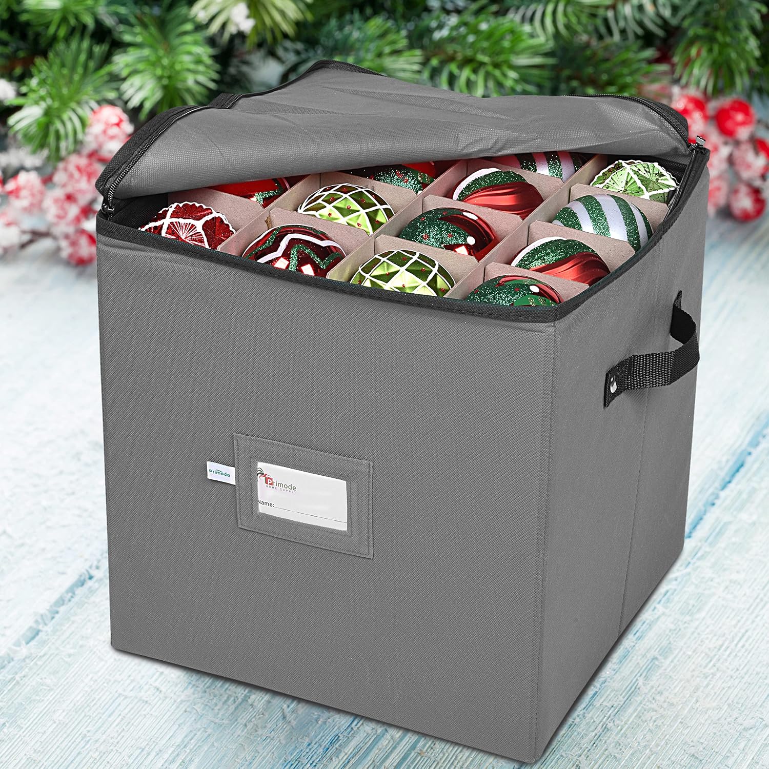 Christmas Ornament Storage Box, 4 Individual Trays Xmas Storage Container, Fits 64 Ornaments Decoration Balls, Constructed of Durable Polyester Material (Red)