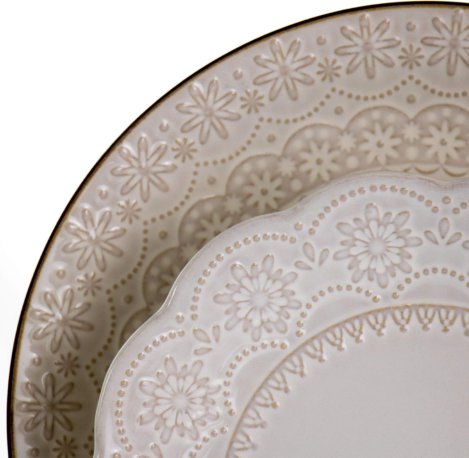 Elama Embossed Scalloped Stoneware Dinnerware Dish Set, 16 Piece, Ivory