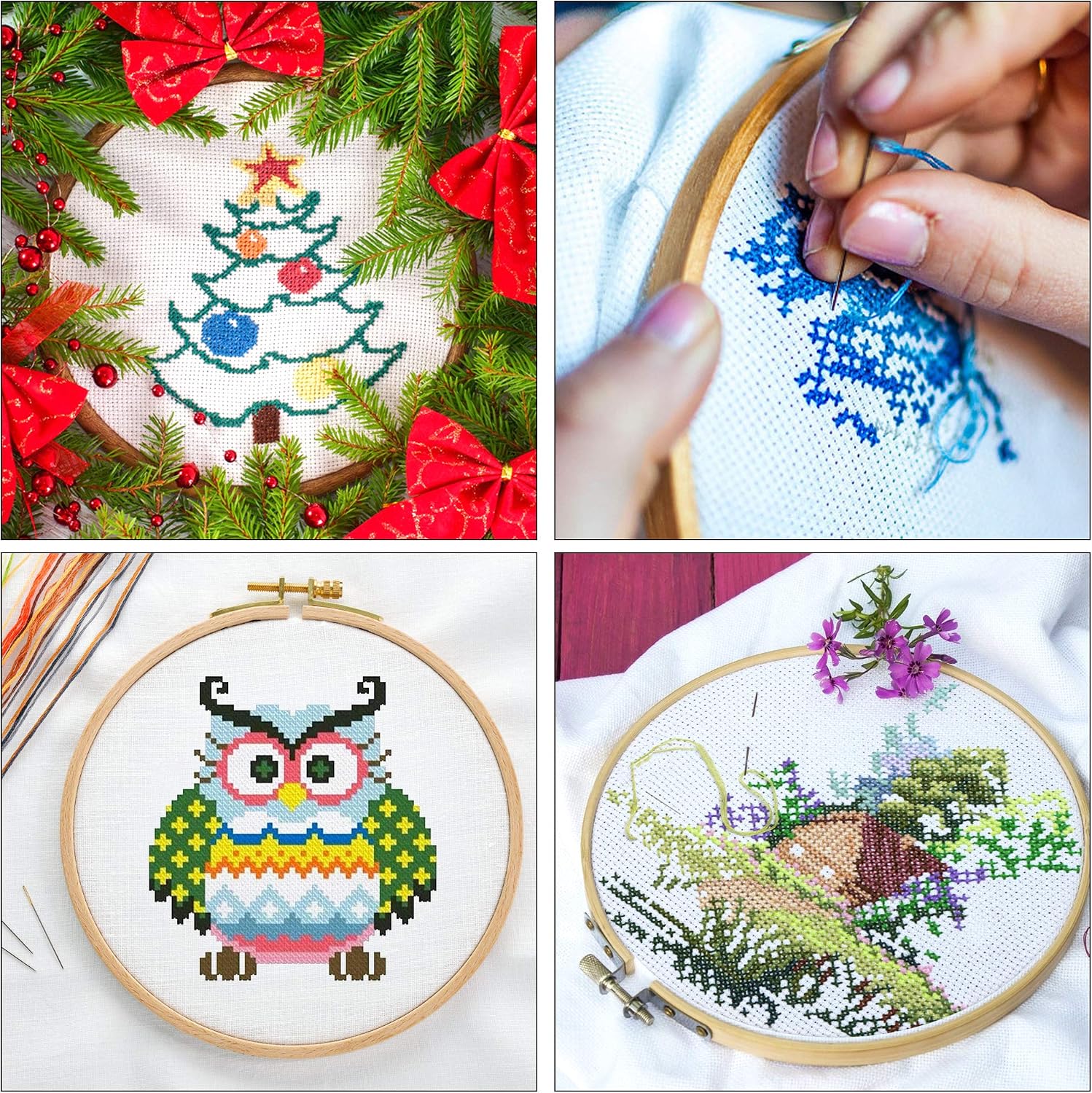 INSCRAFT 304 Pack Embroidery Kit, 200 Colors Threads, 5 Pcs Bamboo Embroidery Hoops, 2 Pcs Aida Cloth, Instructions, Bag and Cross Stitch Tools Set