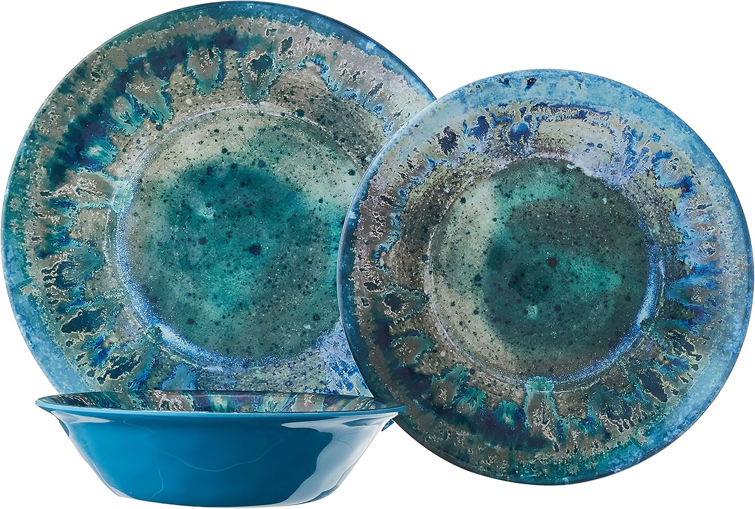 Radiance Teal 12pc Melamine Dinnerware Set – Service for 4 Plates and Bowls Set, Outdoor Dinnerware, Coastal Dishes, Unbreakable, Dishwasher Safe
