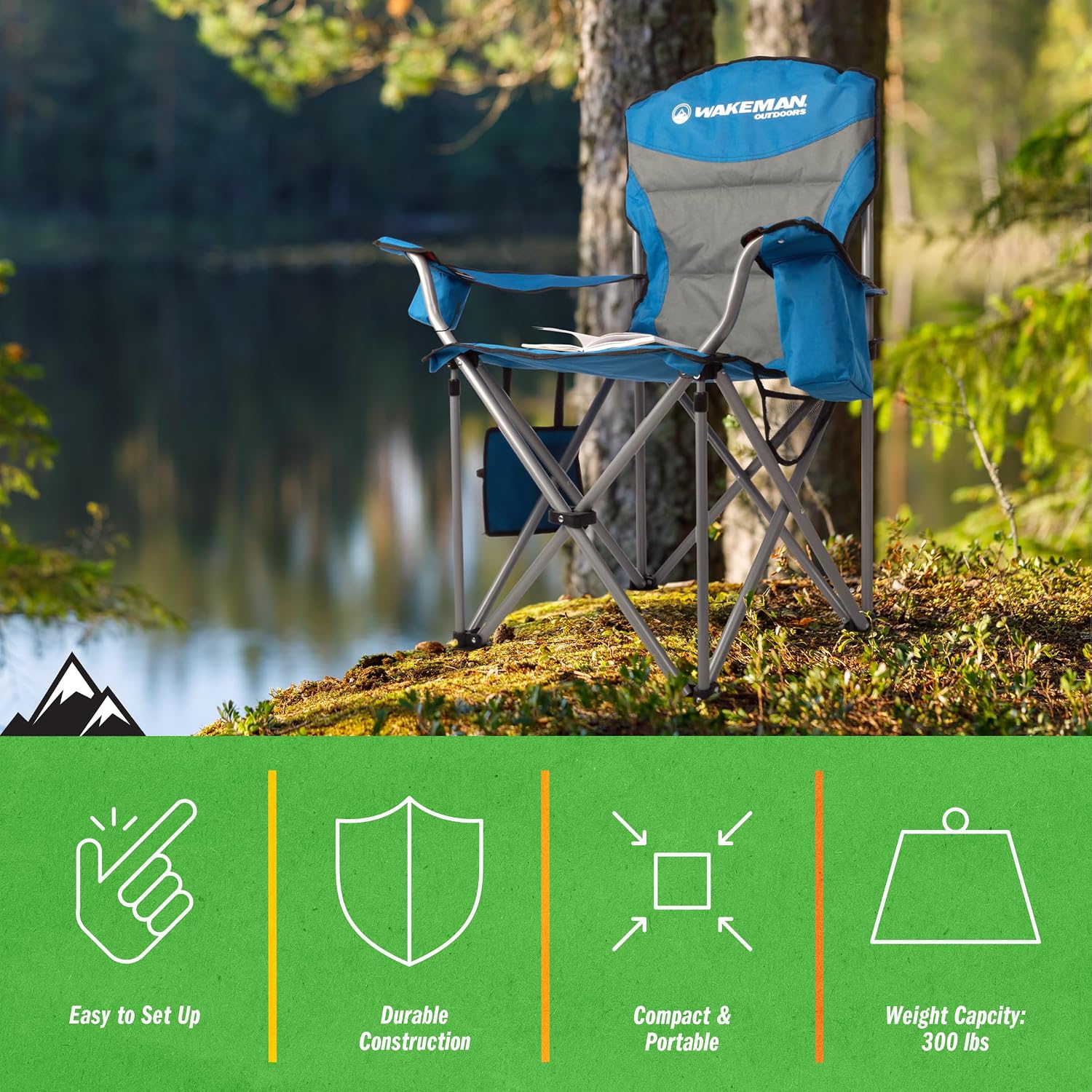 Oversized Camping Chair 300lbs - Heavy Duty Folding Chair with Cooler Pouch and Carry Bag for Camp Sites, Tailgates, or Beach by Wakeman (Blue)