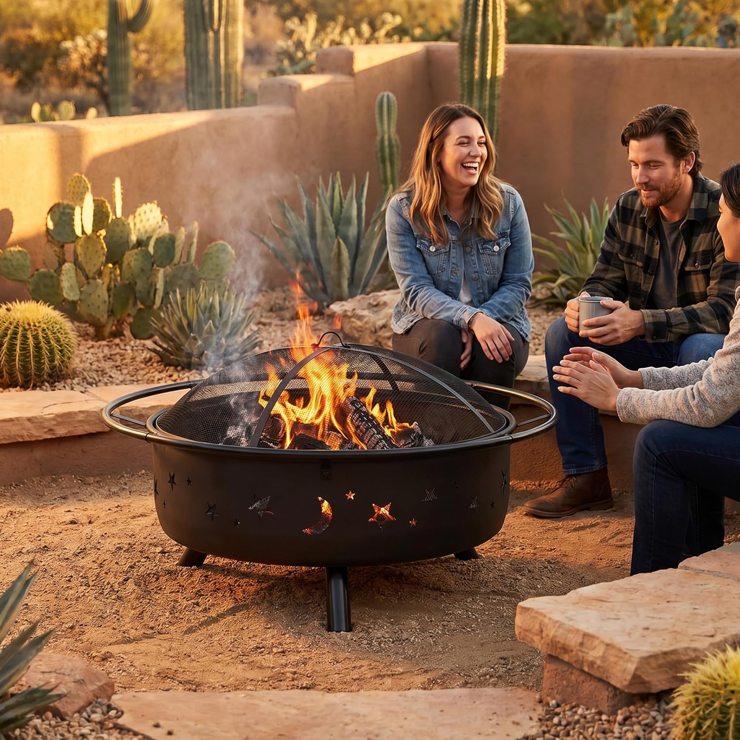Sunnydaze Cosmic 42" Large Outdoor Fire Pit, Wood Burning, 34" Bowl Dia | Bronze, Heavy Duty Steel Metal, Includes Spark Screen, Wood Grate, & Poker, Round Backyard Firepit for Outside, Patio, Deck