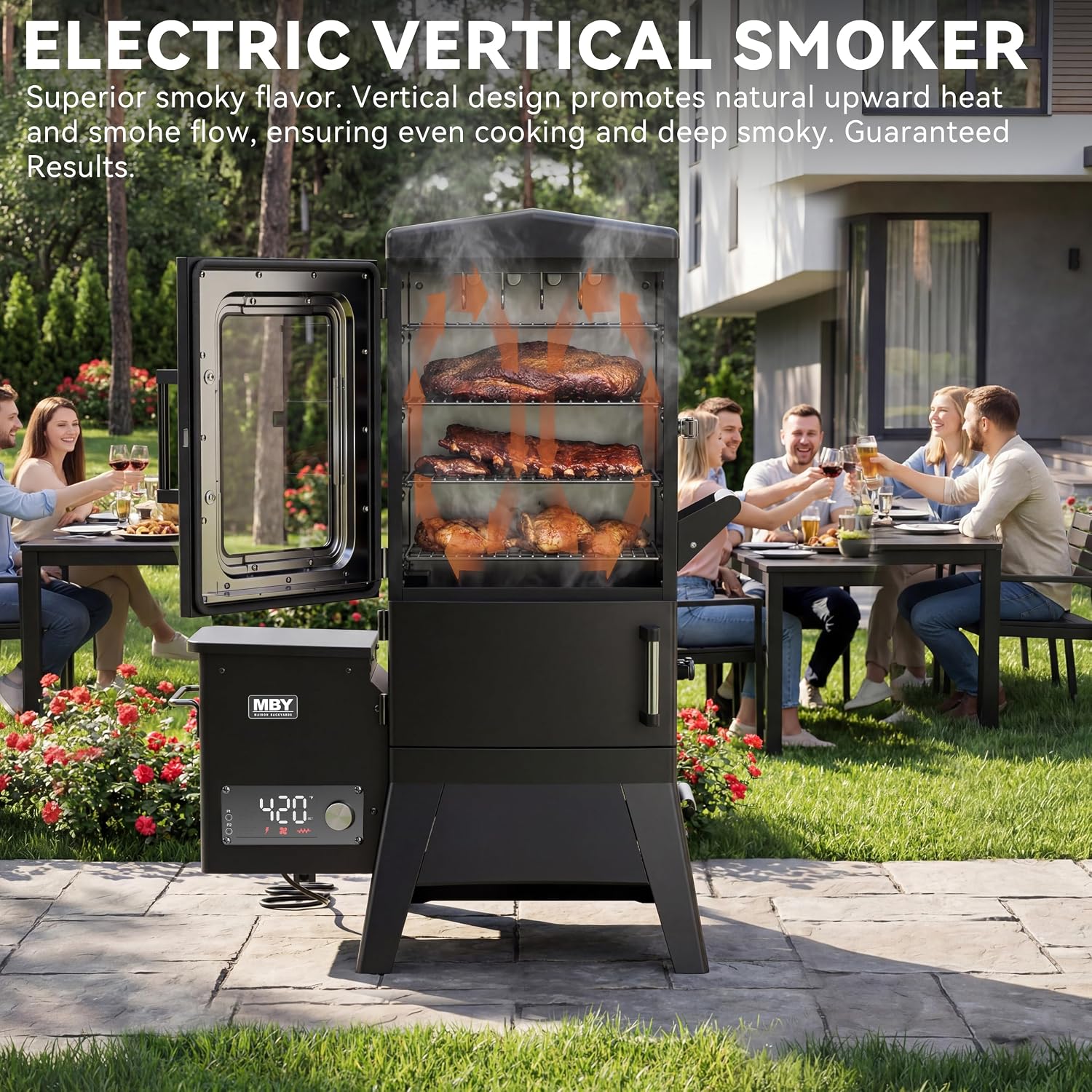 Electric Pellet Smoker with Rainproof Cover & Meat Probe, Vertical Pellet Smoker Grill with LED Display Temperature Control, 616 Sq.in