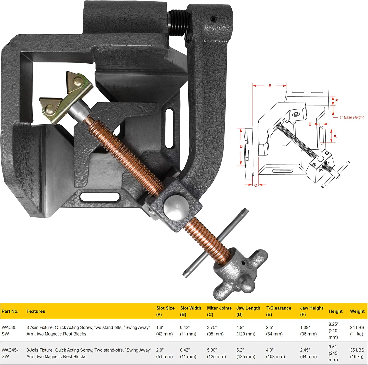 Strong Hand Tools 3-Axis Fixture Vise with Quick Acting Screw, Two Stand-Offs,"Swing Away" Arm with 4.75-Inch Miter Joint, 3.92-Inch T-Clearance, WAC45-SW