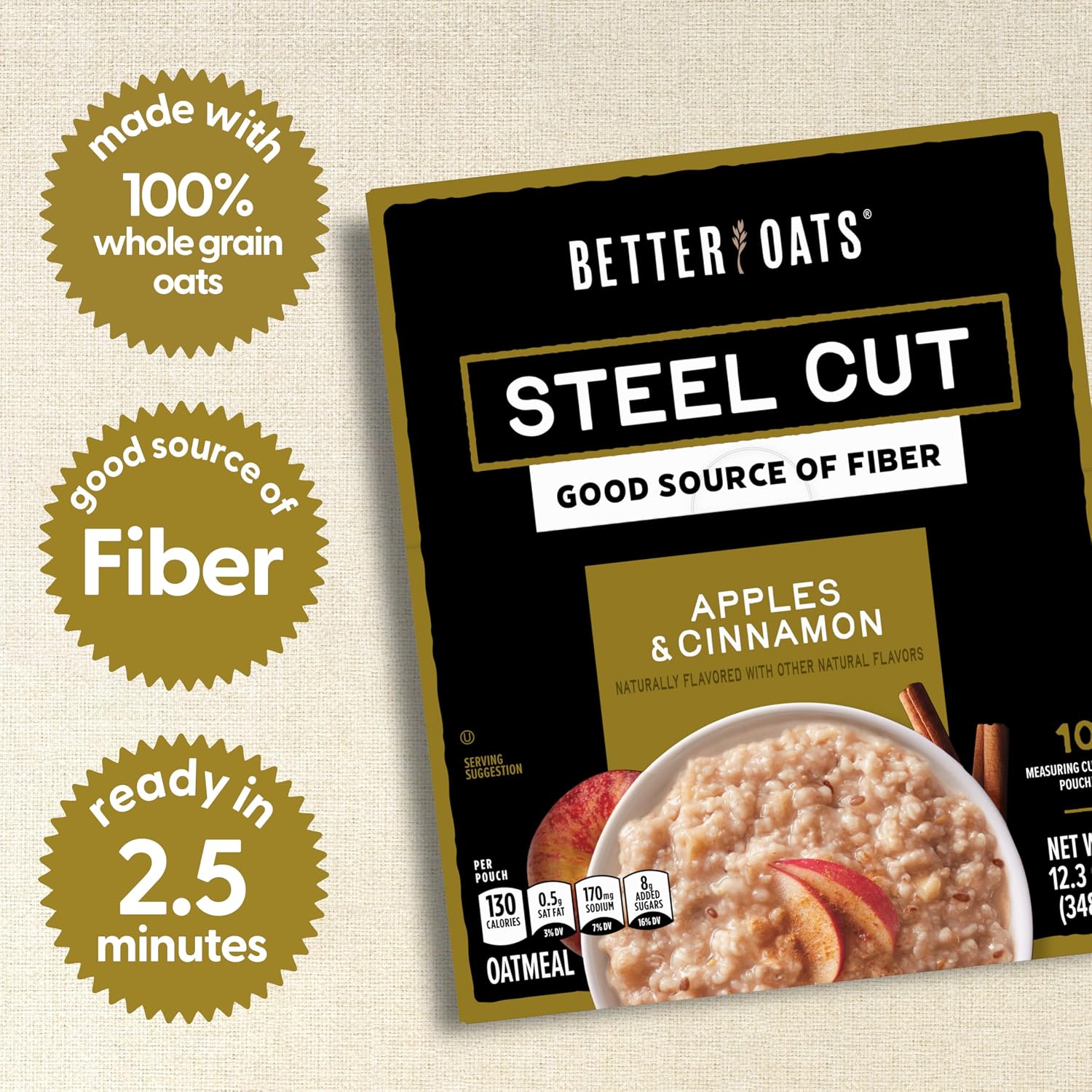 Better Oats Steel Cut Maple & Brown Sugar Oatmeal, 15.1 oz Box, 6 Pack | Instant Breakfast With Flax Seeds & Natural Flavors, Good Source Of ALA Omega-3, Individual Packets, Heart Healthy