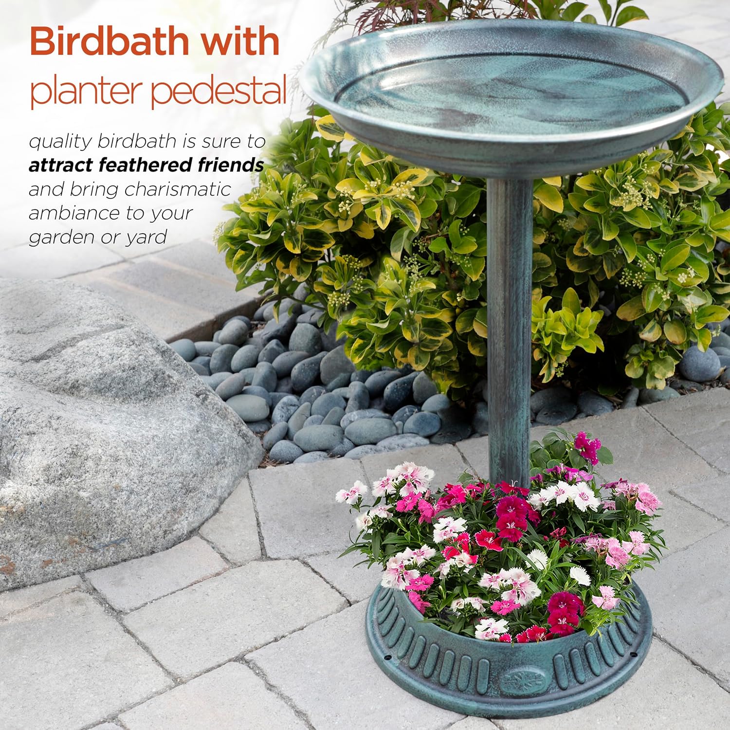 Alpine Corporation 25" Tall Outdoor Birdbath with Planter Pedestal Yard Statue, Stunning Garden Accent, 15" Round, Green