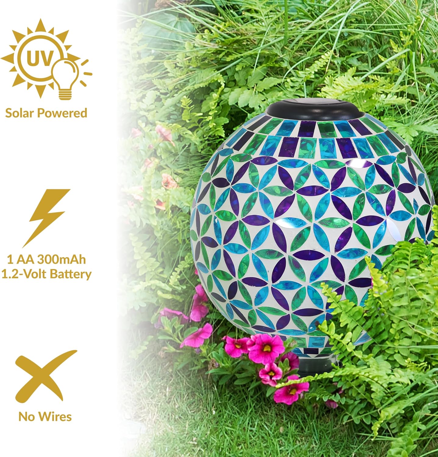 Sunnydaze Solar Gazing Ball for Garden, Mosaic Cool Blooms