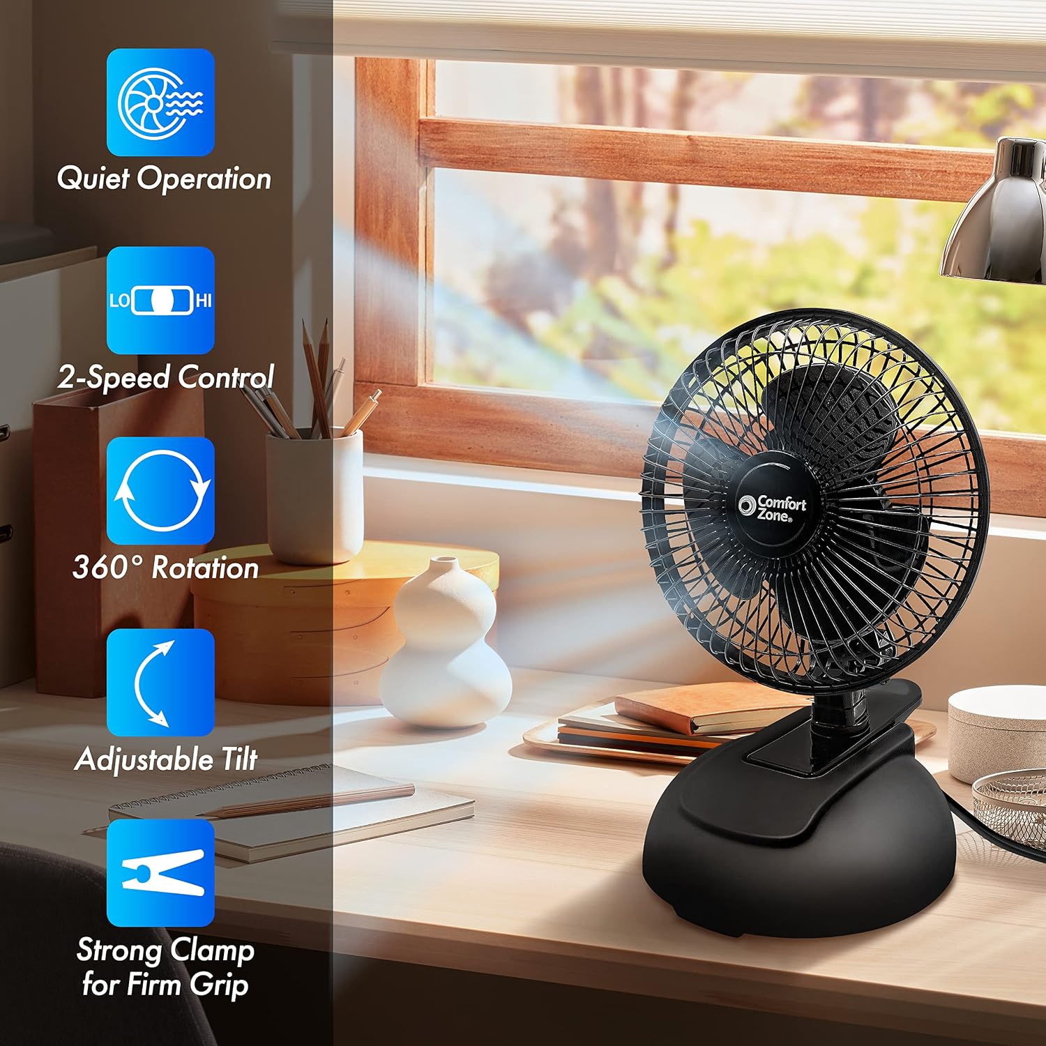 Comfort Zone CZ6XMWT 6” 2-Speed Combo Clip or Desk Fan with Removable Base, Strong Clamp for Firm Grip, Suitable for Bedroom, Office, or Dorm Room, White
