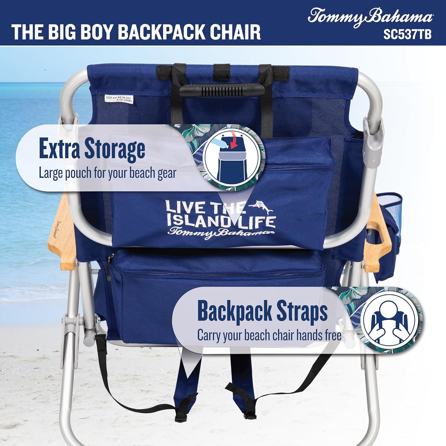Tommy Bahama Wide Seat Big Boy 4-Position Folding 13" High Seat Backpack Beach or Camping Chair, Navy