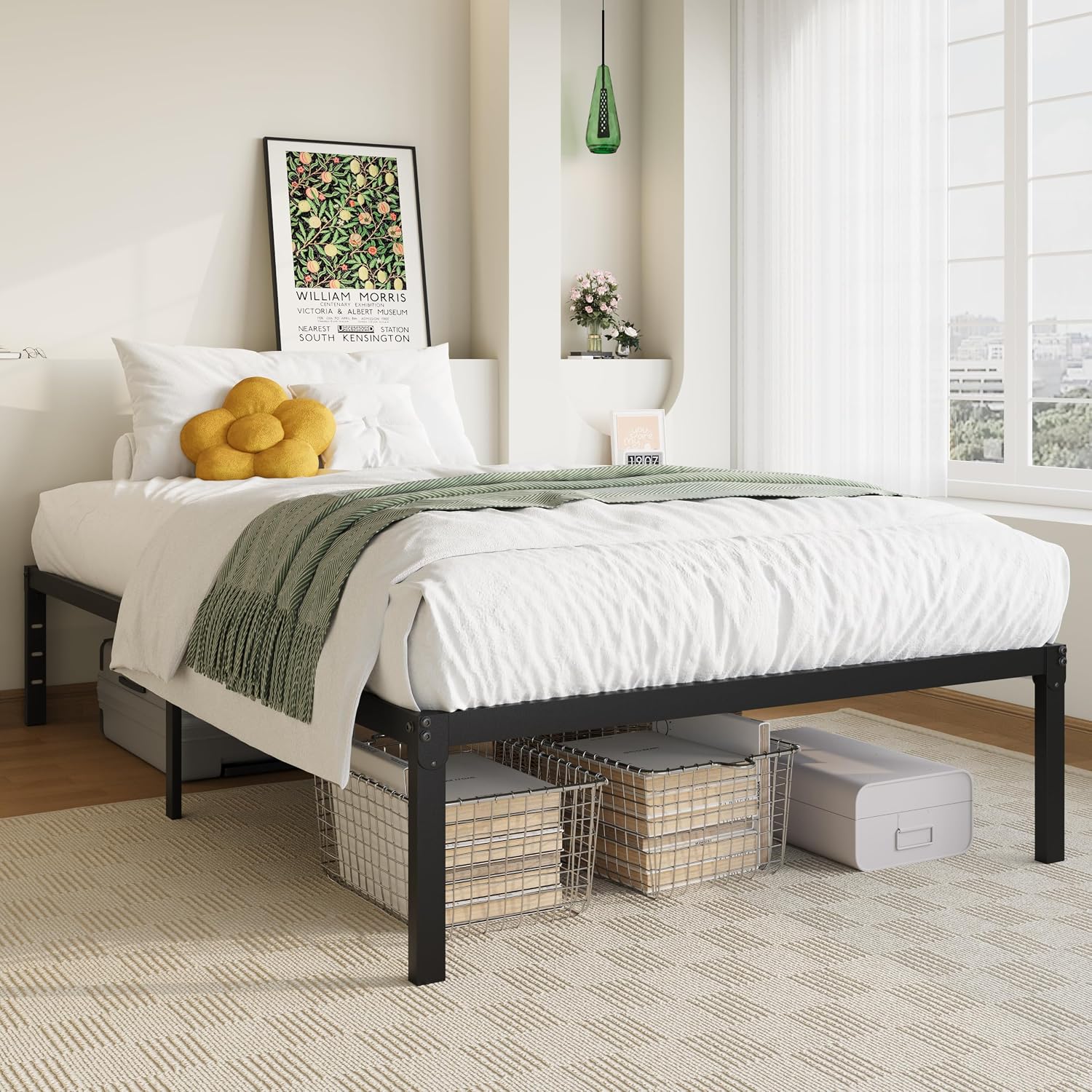 Allewie Full Size Bed Frame, 14 inch Metal Platform Beds with Storage Space, No Box Spring Needed and Easy Assembly, White