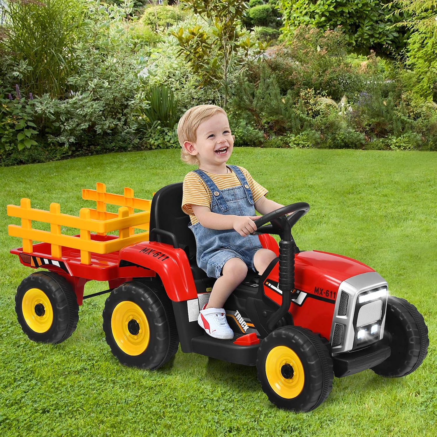 Costzon Ride on Tractor with Detachable Trailer, Kids' Electric Vehicles w/3-Gear-Shift Ground Loader, Wireless Design & USB, 7 LED Headlights