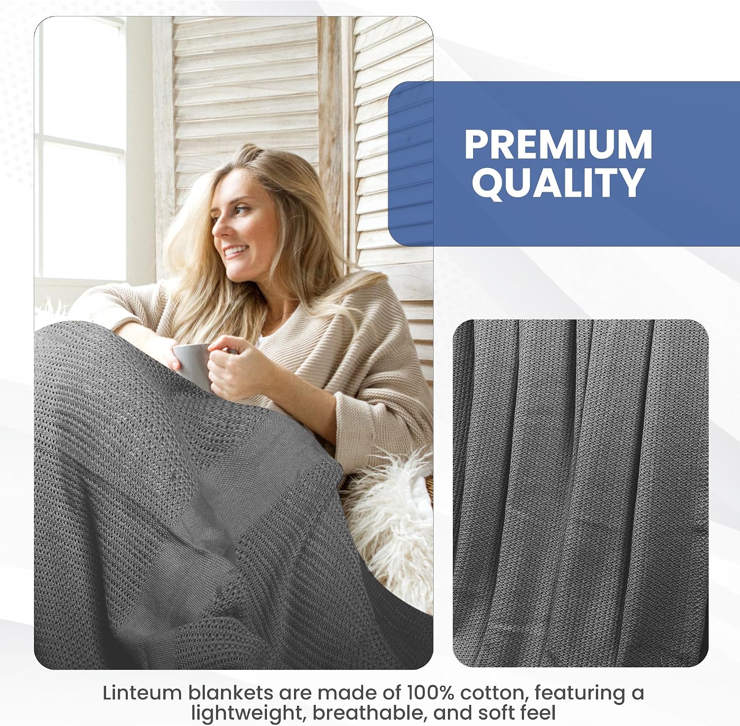 Linteum 100% Cotton Open-Cell Leno Weave Blanket — Breathable All Season — Queen 90x90 — Ice Grey