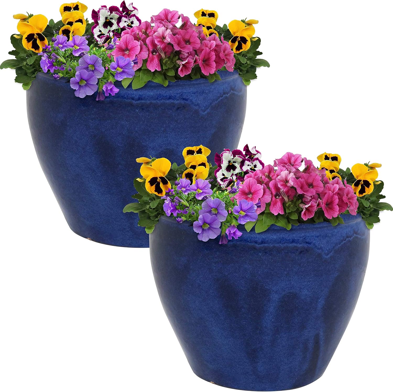 Sunnydaze Chalet 12" Ceramic Plant Pot, Imperial Blue Glaze, 2pk