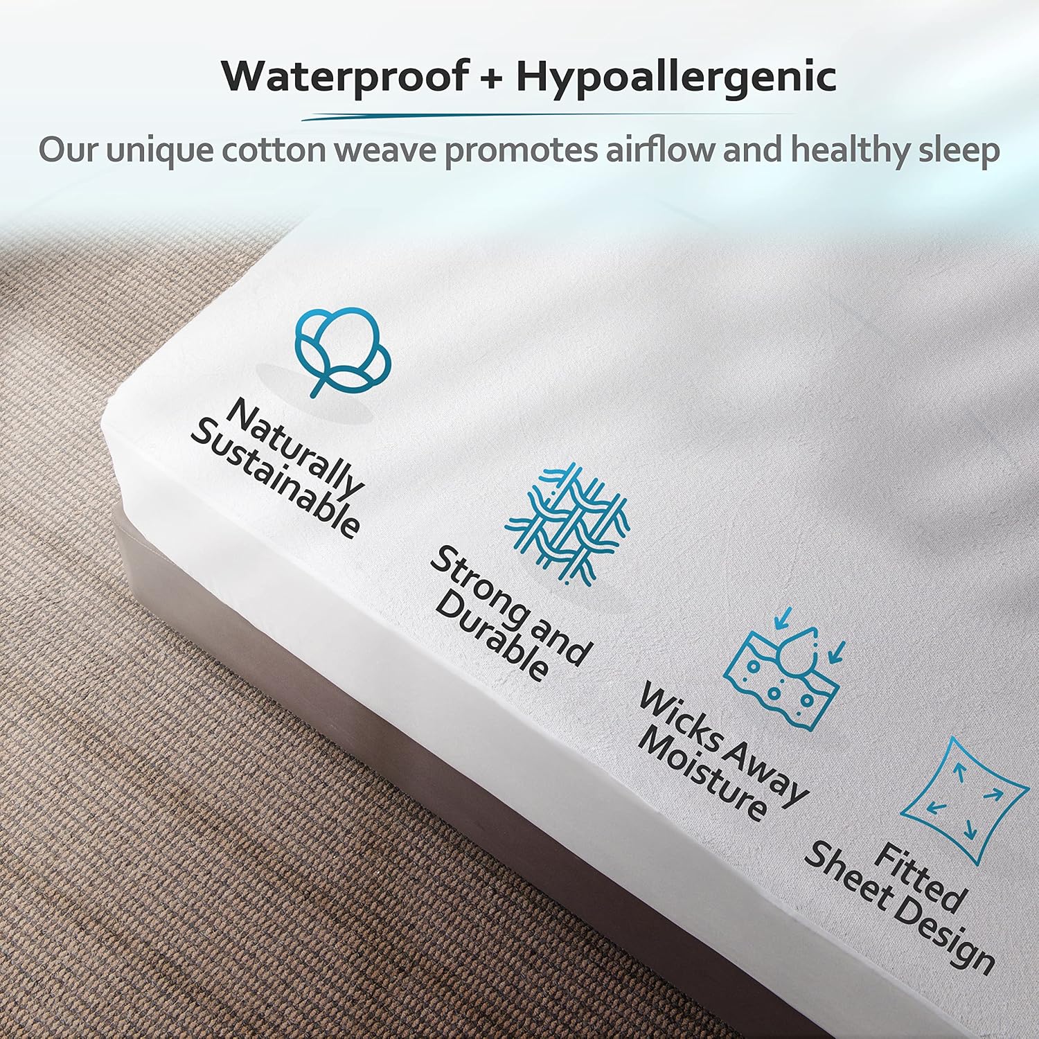PlushDeluxe Waterproof King Mattress Protector, Terry Cotton | Fitted Sheet Bed Cover, Deep Stretchable Pockets, 76"x80"x18", Noiseless, Breathable, Hypoallergenic, Mite Proof, Washable