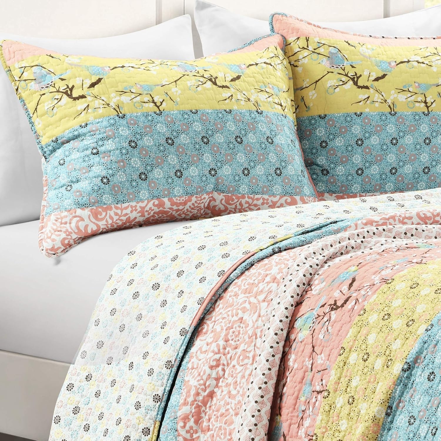 Lush Decor Royal Empire Reversible Cotton Quilt Set, 3 Piece Set Full/ Queen, Plum - Striped Bedding Set - Floral Quilt Queen Size - Purple Bedding - Boho Decor