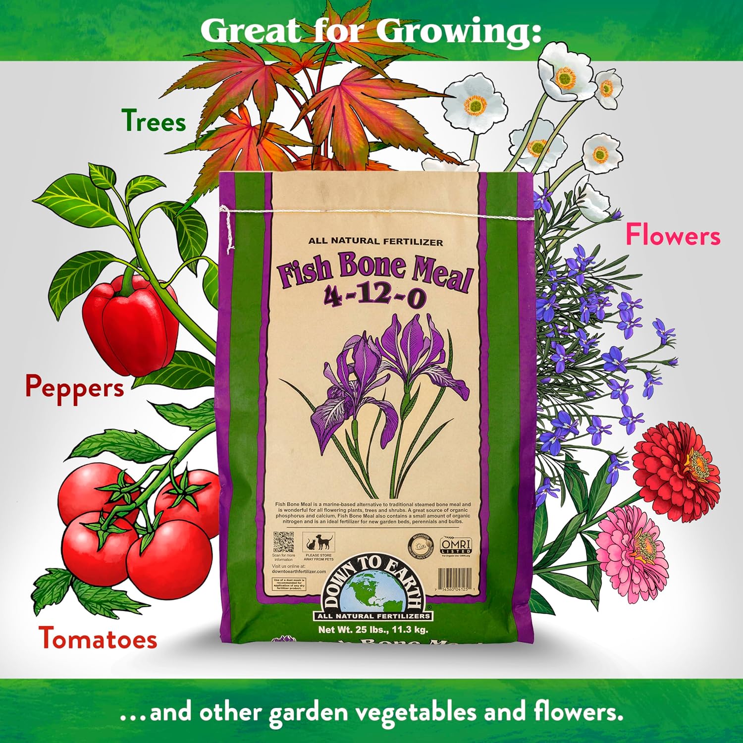 Down To Earth All Natural Fertilizers Organic Fish Bone Meal - 4-12-0, 25lb | High Phosphorus Plant Food for Buds, Bulbs, Blooms, Flower Beds