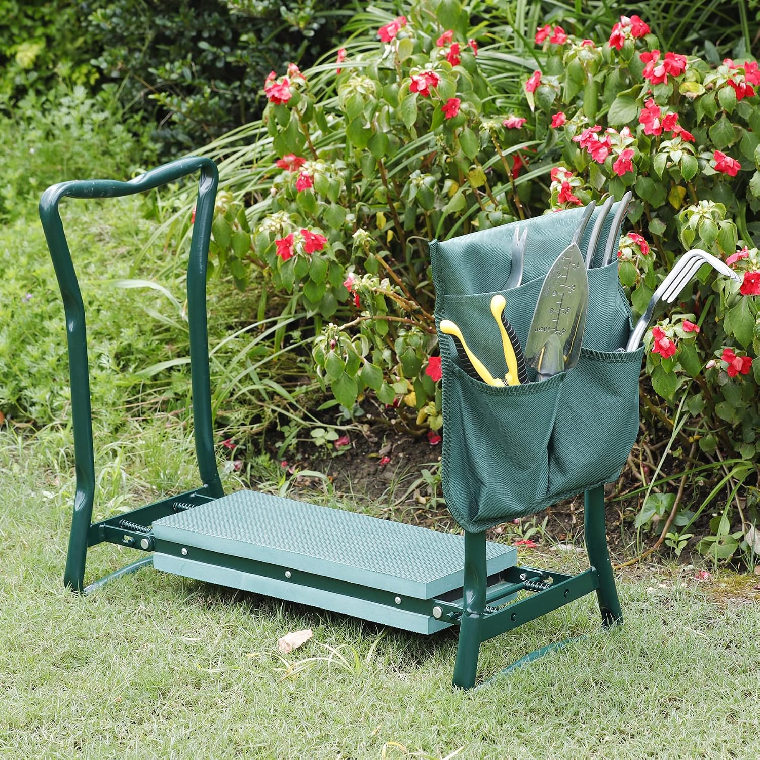JupiterForce Portable Garden Kneeler and Seat with Thick EVA Foam Pad, Foldable Gardening Stool Bench with Tool Pouches