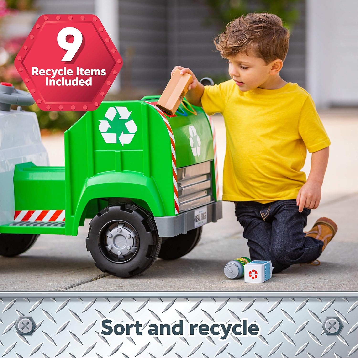 Kid Trax Real Rigs Toddler Recycling Truck Interactive Ride On Toy, Kids Ages 1.5-4 Years, 6 Volt Battery and Charger, Sound Effects