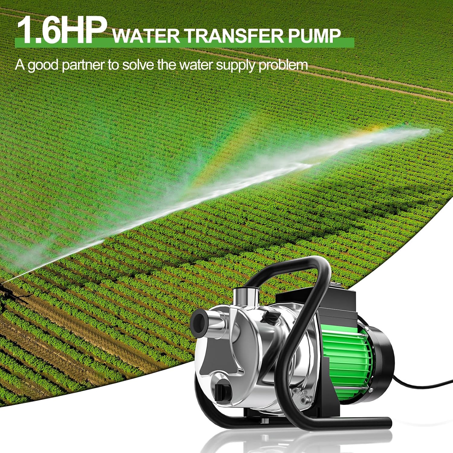 Water Transfer Pump 110V Shallow Well Pump 1.6HP Electric Portable Garden Pressure Booster Pumps for Sprinkler Irrigation Lawn with Adapters, Green