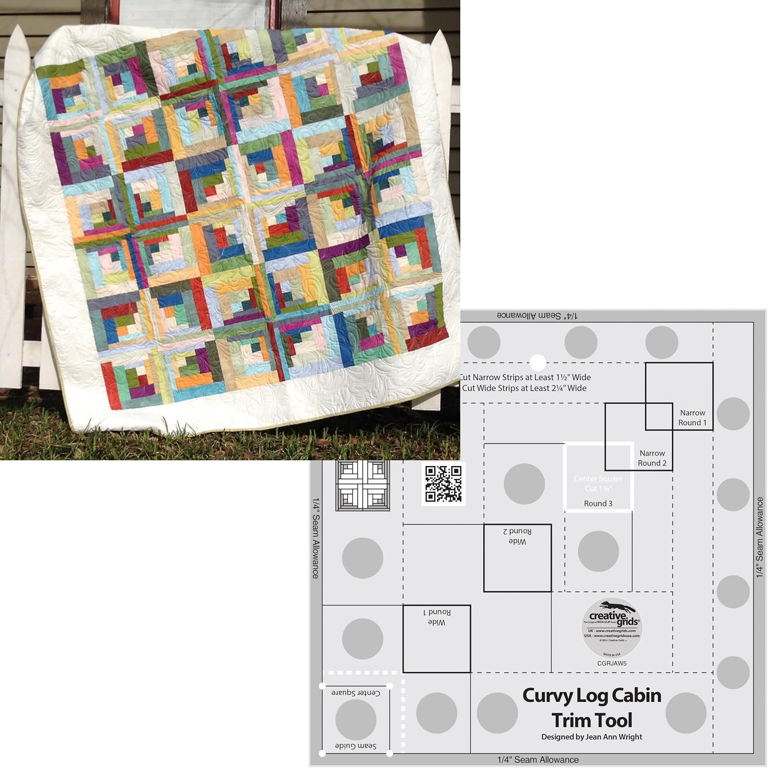 Bundle of Curvy Log Cabin Trim Tool 8in Finished Blocks and Cut Loose Press Carousel Curvy Log Cabin Quilt Pattern