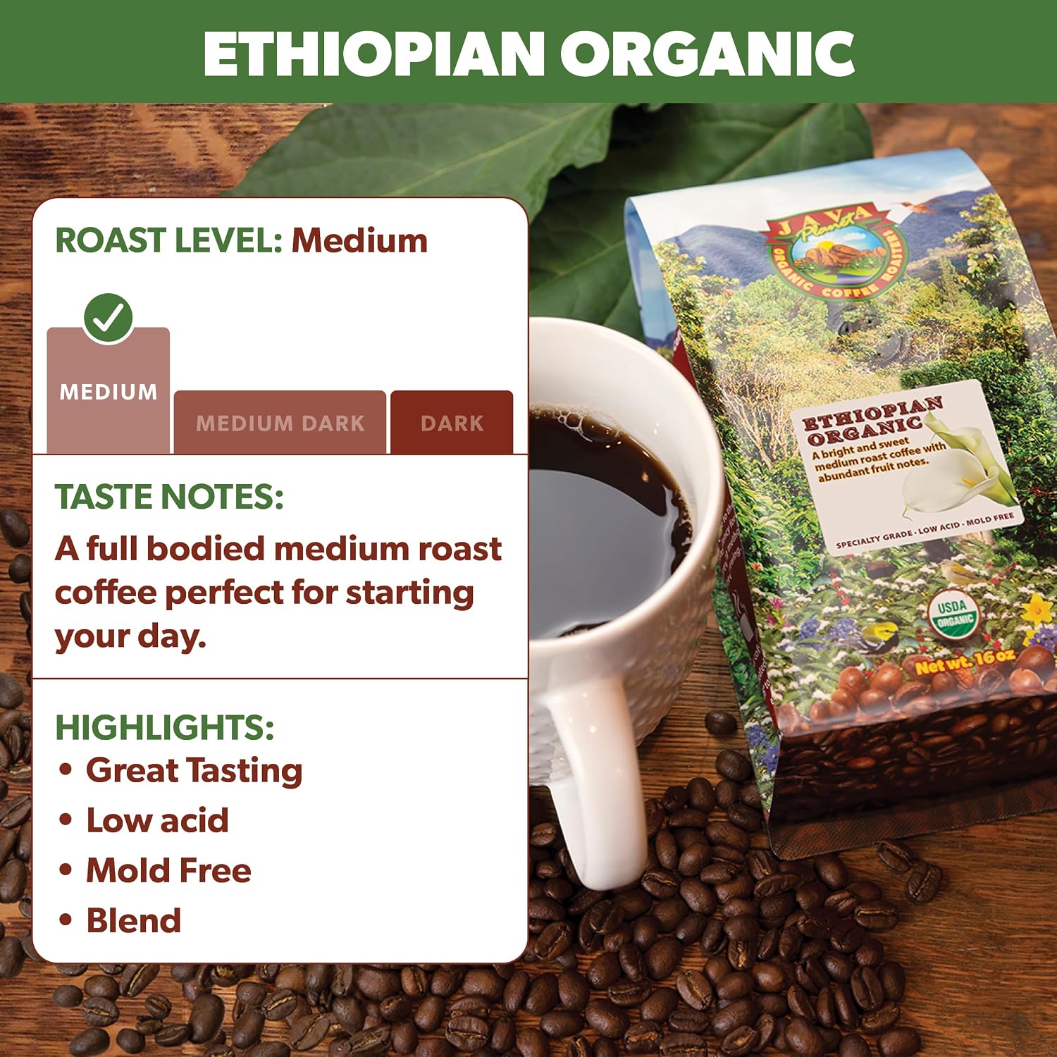 Java Planet Low Acid Organic Espresso Beans, Dark Roast Coffee Beans, 16 oz