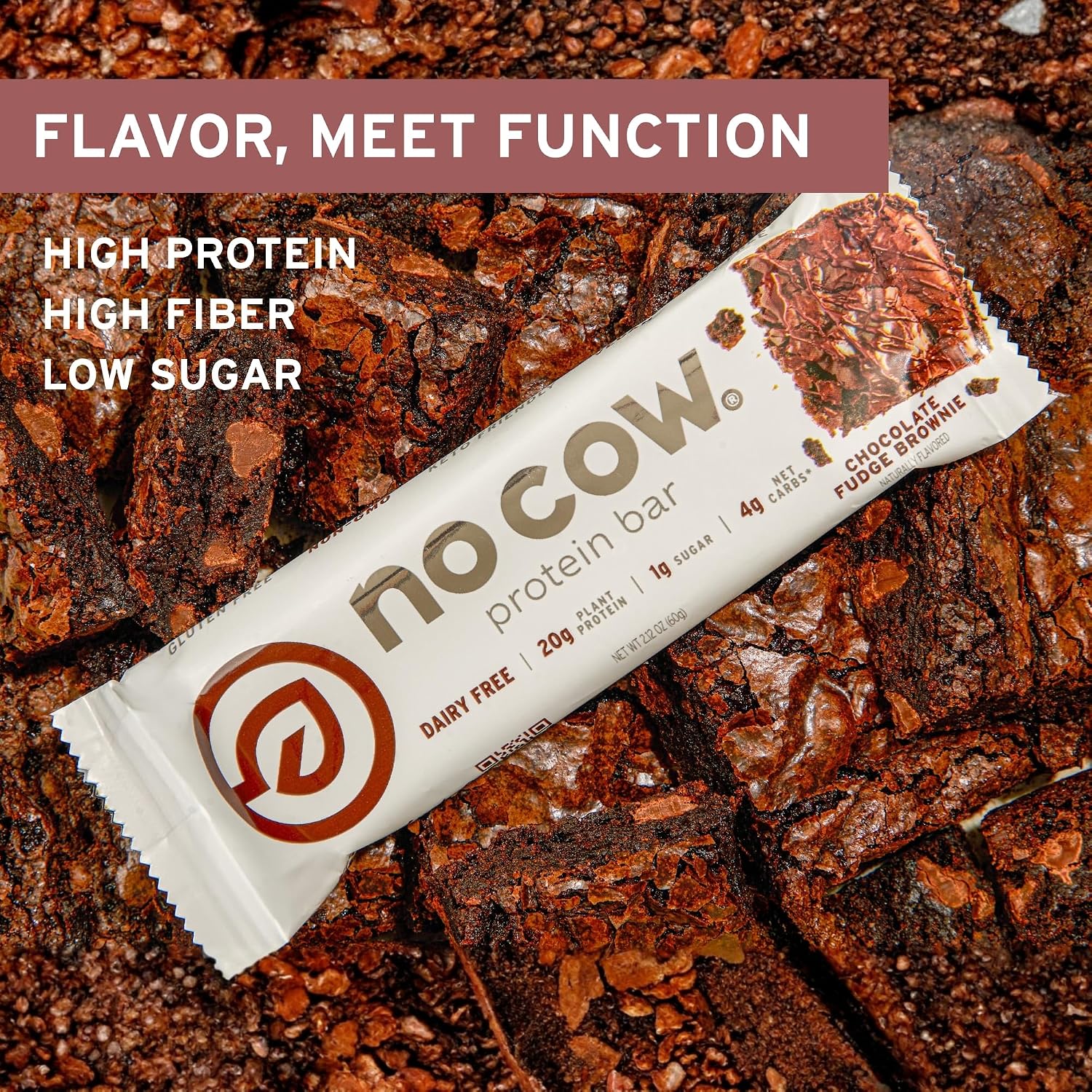 No Cow Chocolate Fudge Brownie Vegan Protein Bars, 12 Pack | 20g High Plant-Based Protein, High Fiber, Low Sugar, Gluten-Free, Dairy-Free, Soy-Free