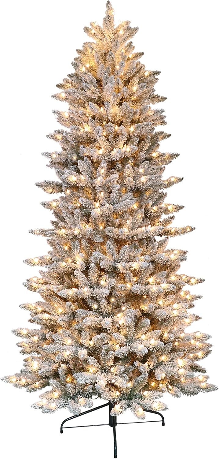 Puleo International 7.5 Foot Pre-Lit Slim Flocked Fraser Fir Artificial Christmas Tree with 500 UL Listed Clear Lights