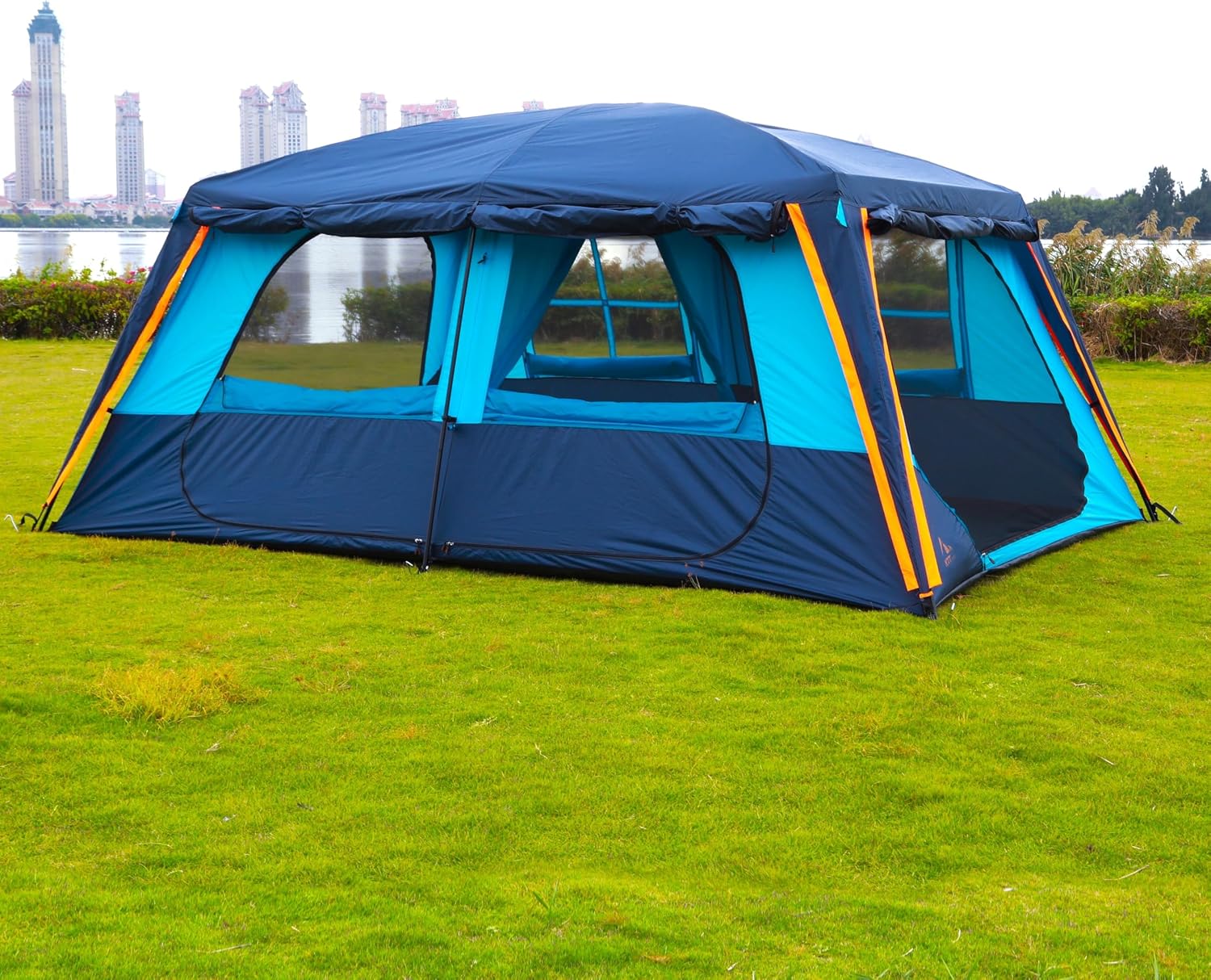 KTT Extra Large Tent 12-14 Person, Family Cabin Tents, 2 Rooms, Straight Wall, 2 Doors 4 Windows with Mesh, Waterproof, Double Layer