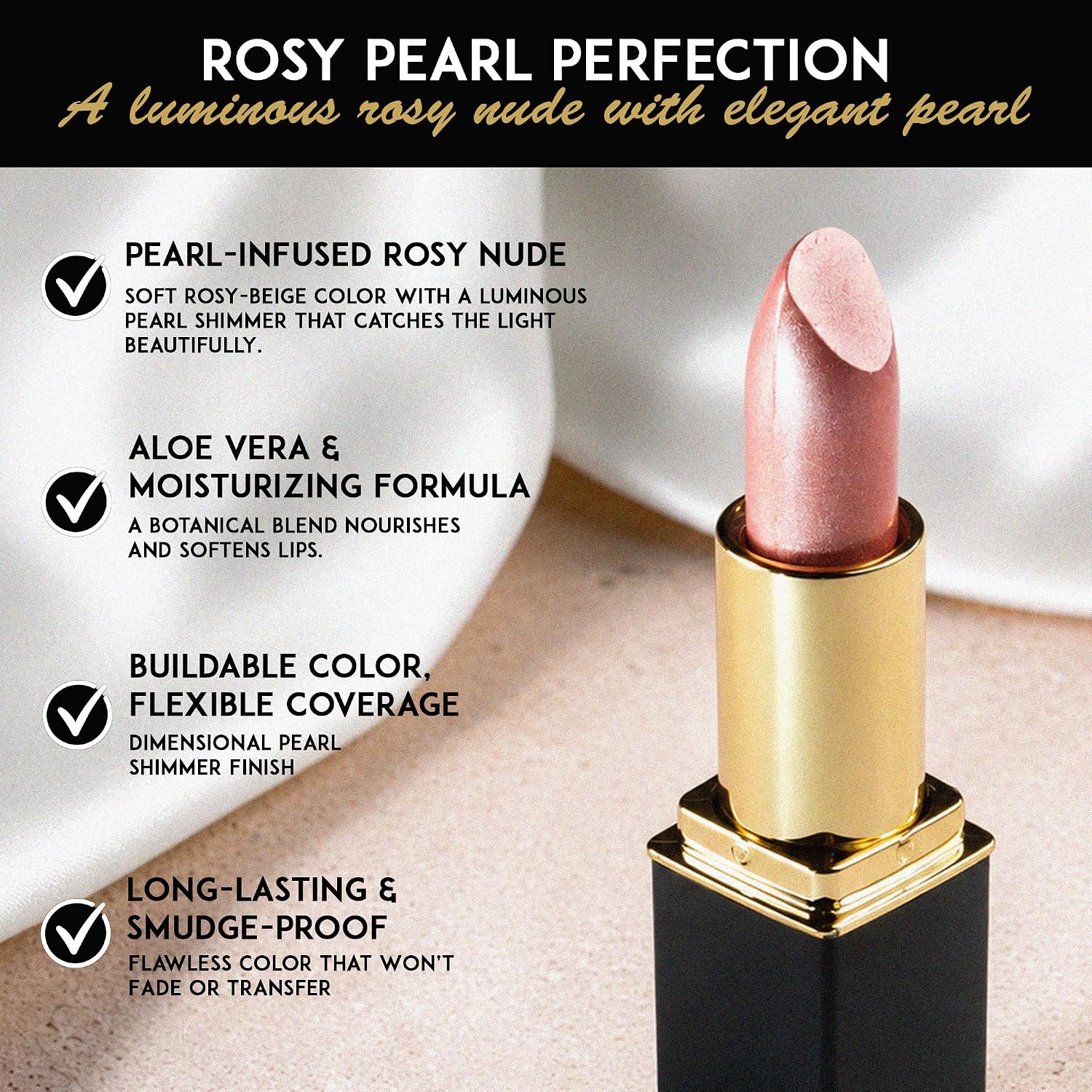 L’Paige Rosy Pearl Lipstick | Sheer Neutral Rose Lip Color | Aloe Vera Moisturizing Formula | Long-Lasting Hydrating Finish | Soft Silvery Pink Shade L56