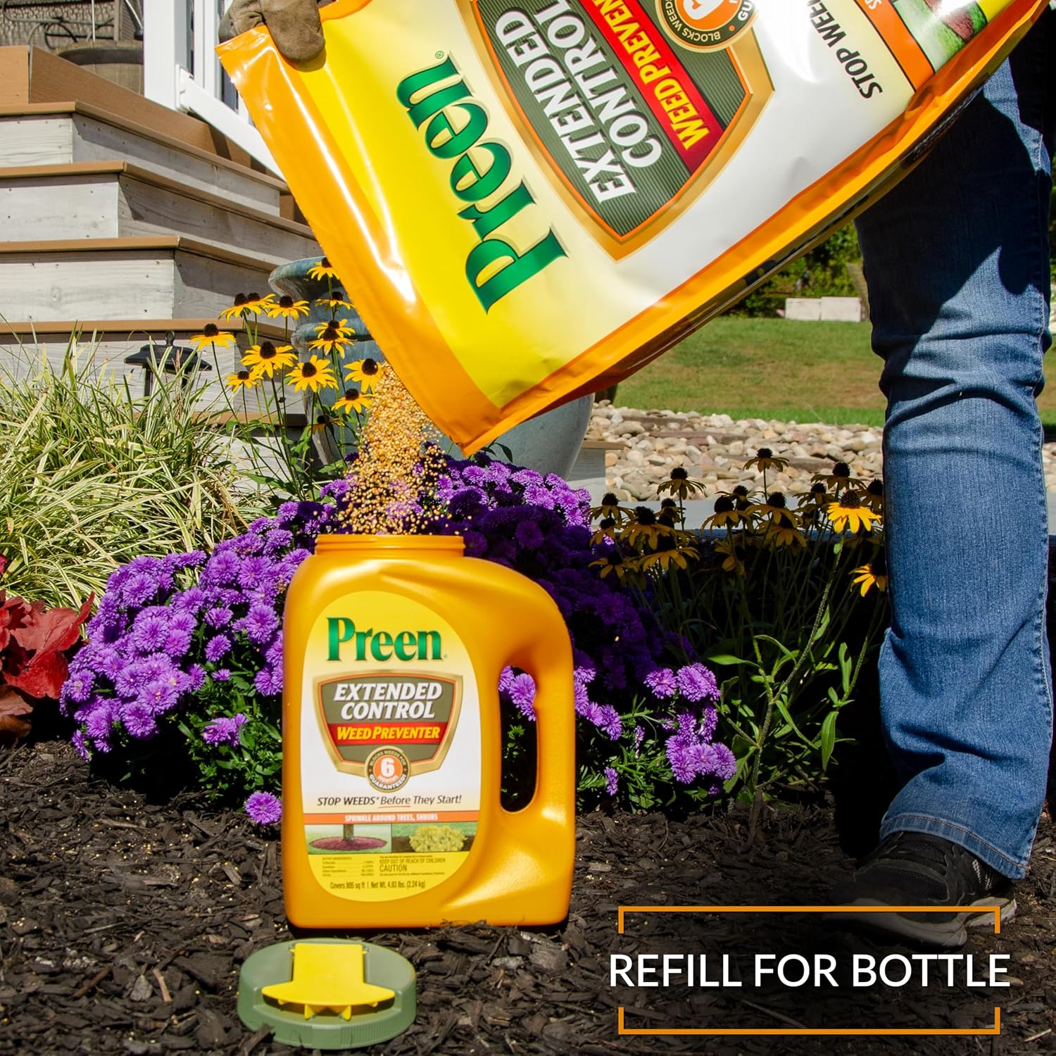 Preen Extended Control Weed Preventer - 4.93 lb. Bottle - Covers 805 sq. ft. | PreEmergent Herbicide for Garden Weed Control –Prevents Weeds up to 6 Months – For Perennials and Shrubs
