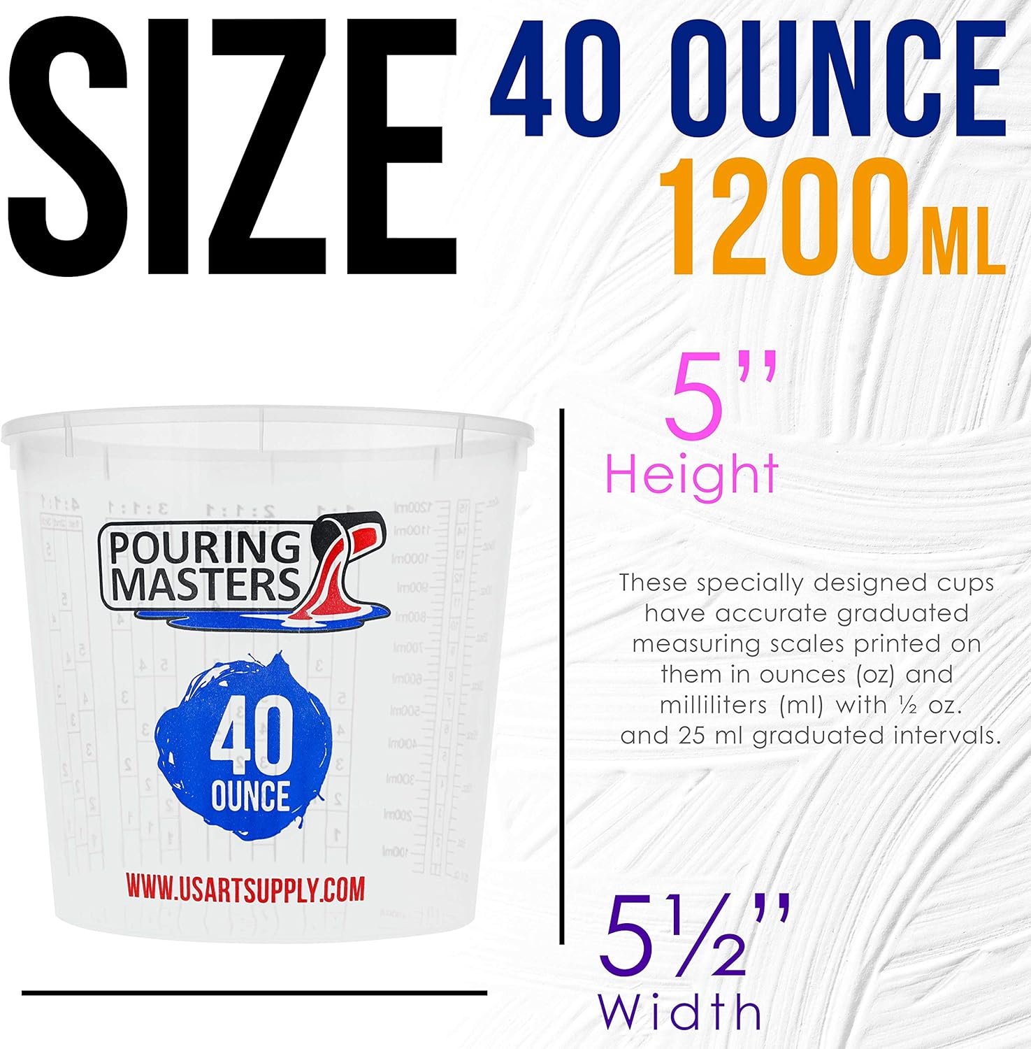 Pouring Masters 40 Ounce (1200ml) Graduated Plastic Mixing Cups (Box of 24)