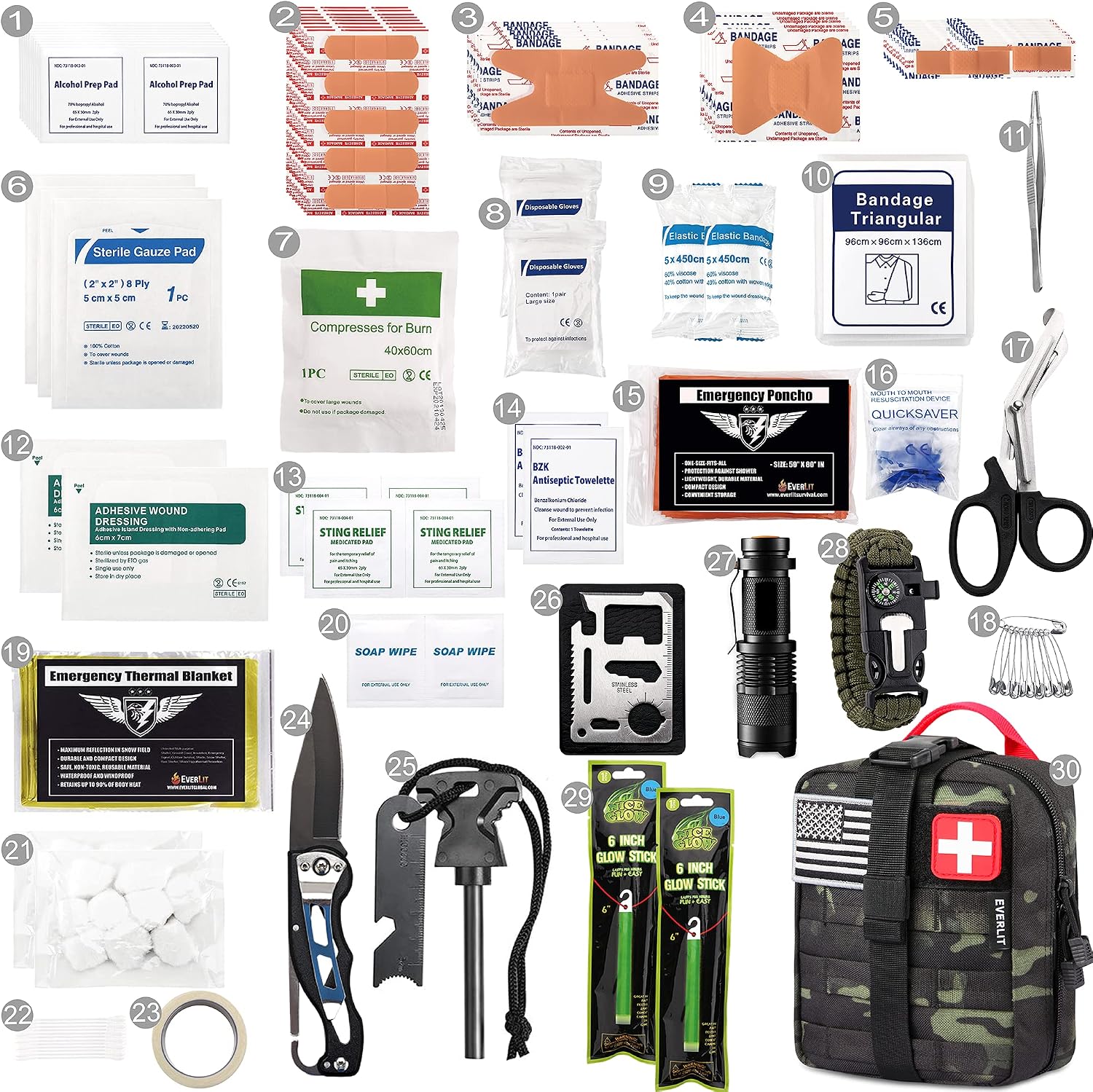 EVERLIT 250 Pcs Survival First Aid Kit | IFAK Outdoor Survival Kit Emergency Kit For Camping Hiking Hunting Earthquake Emergency Preparedness