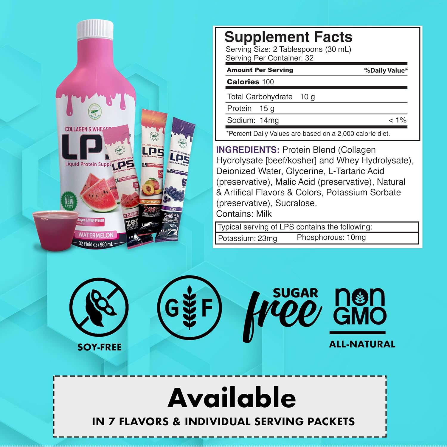 Nutritional Designs LPS Liquid Collagen & Whey Protein Supplement - Non-GMO Drink, Sugar-Free - Promotes Healthy Skin & Hair for Men & Women, Grape