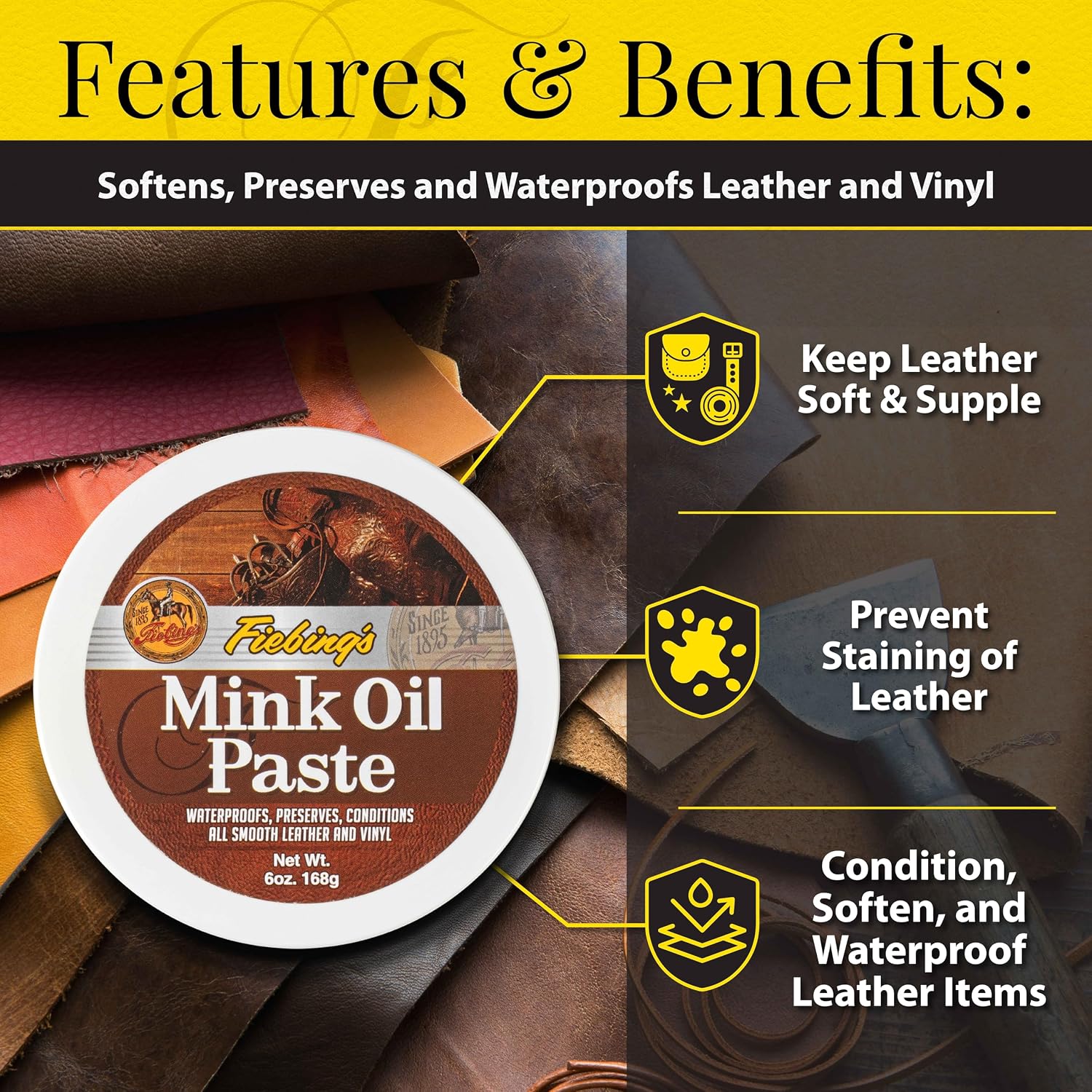 Fiebing's Mink Oil for Leather Boots (6 oz) - Leather Cleaner & Conditioner - Waterproof, Preserve, Soften All Smooth Leathercraft & Vinyl - Prevents Salt Stains - Use On Couch, Shoe, Purse & Belt