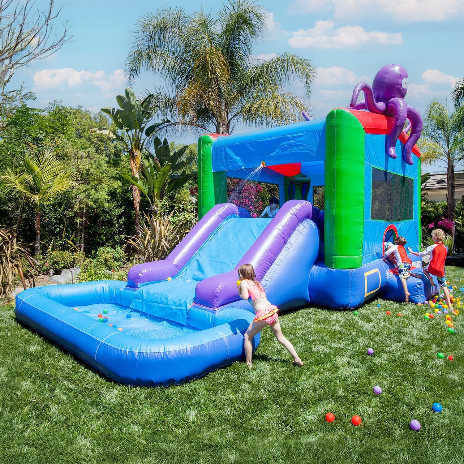 JumpOrange 25x13ft Octopus Commercial 15oz PVC Bouncer Slide Combo with Pool