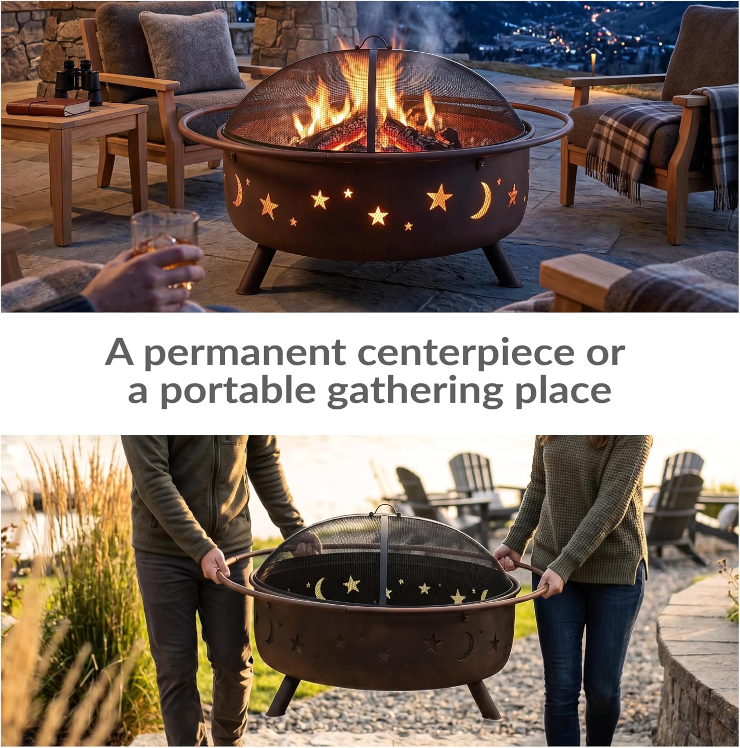 Sunnydaze Cosmic 42" Large Outdoor Fire Pit, Wood Burning, 34" Bowl Dia | Bronze, Heavy Duty Steel Metal, Includes Spark Screen, Wood Grate, & Poker, Round Backyard Firepit for Outside, Patio, Deck
