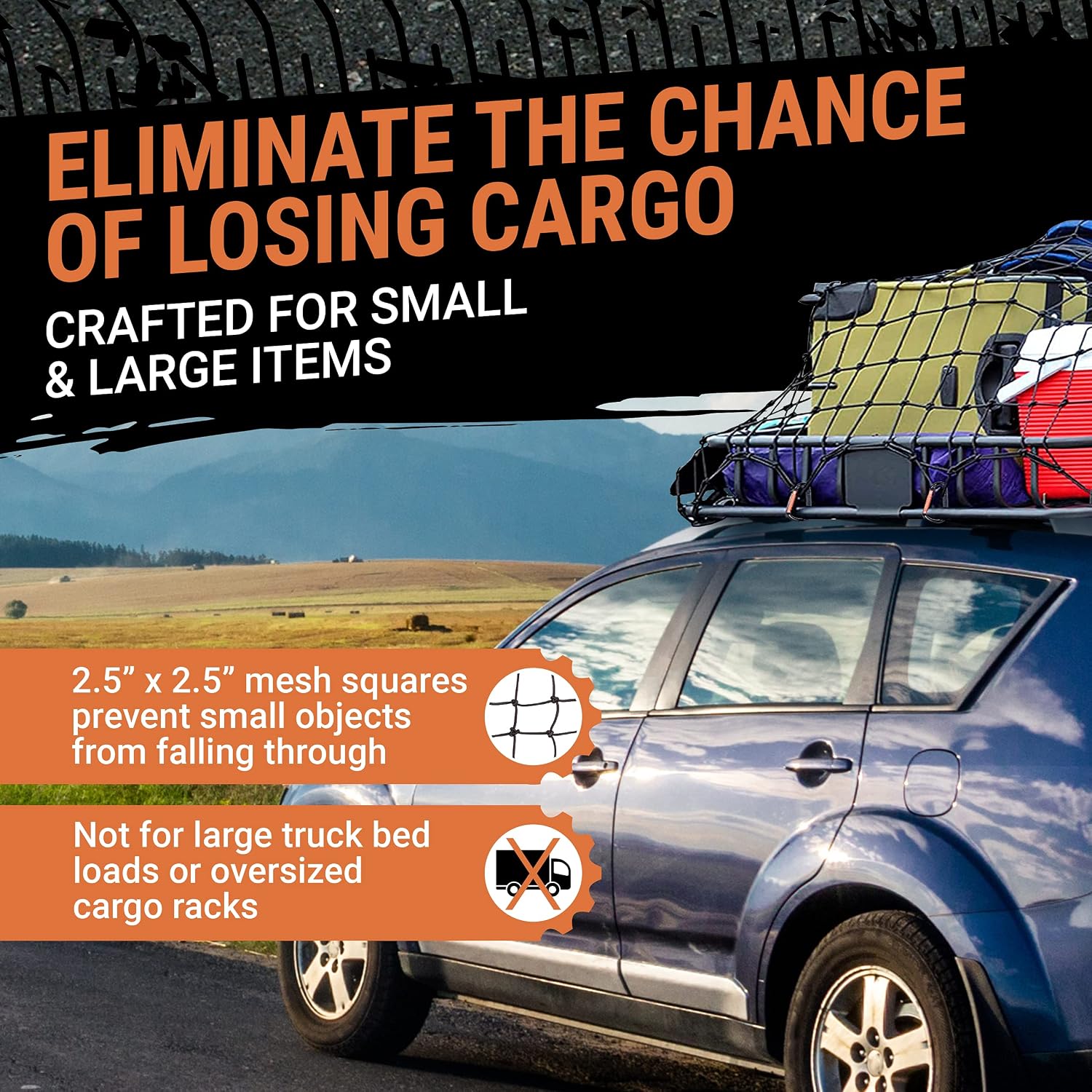 Cargo Net for Roof Rack - 22 x 38 Inch, Heavy-Duty, Mesh Square Bungee Netting with 12 Black Clips and Storage Bag - Holds Small and Large Loads