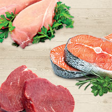 Real chicken, salmon and beef ingredients are the first ingredient