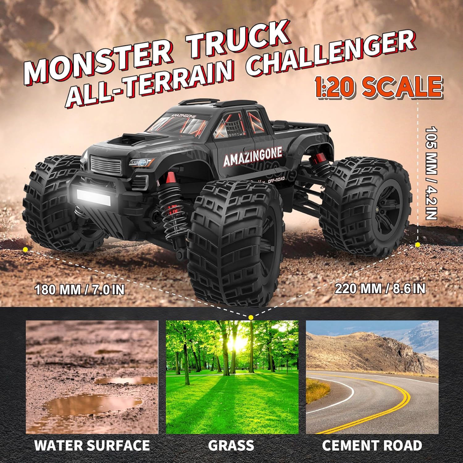 20208 1/20 Scale Brushless Fast RC Cars for Adults, Max 45KMH High Speed Moster RC Buggy, Hobby RC Trucks 4X4 Offroad