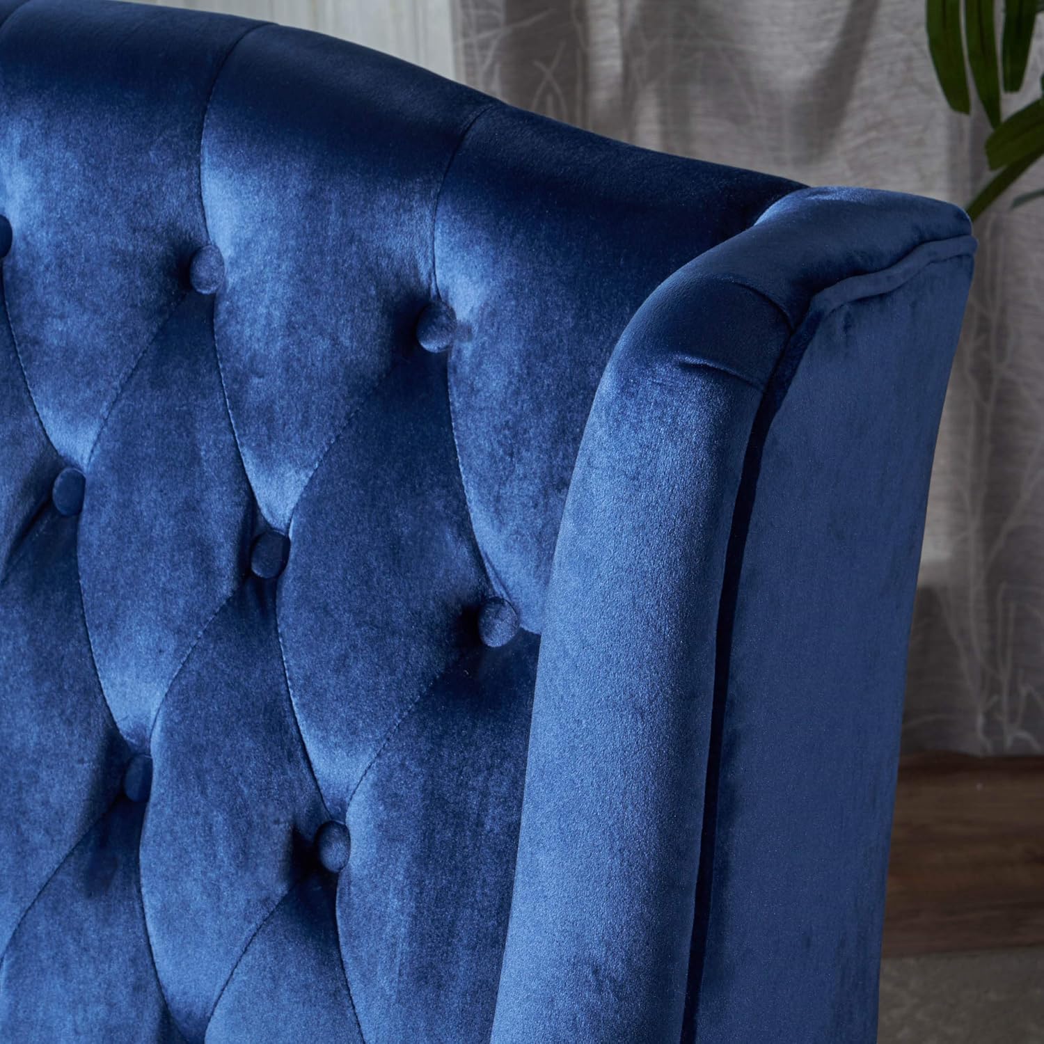 GDFStudio Modern Glam Tufted Velvet Wingback Loveseat, Navy Blue and Dark Brown