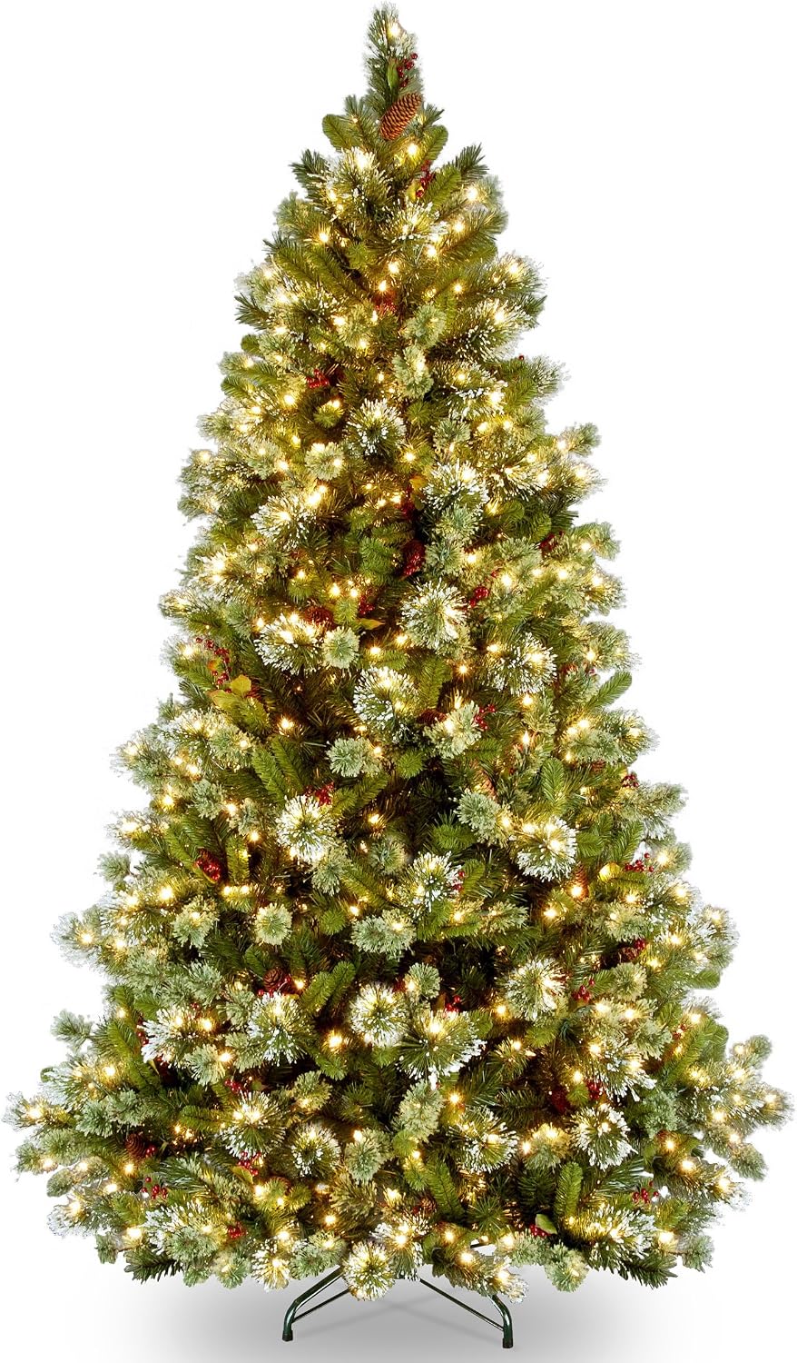 National Tree Company 7.5ft Pre-Lit Wintry Pine Medium Christmas Tree | 650 Clear Lights, 831 Tips, Flocked, Pinecones, Red Berries, Includes Stand, Green